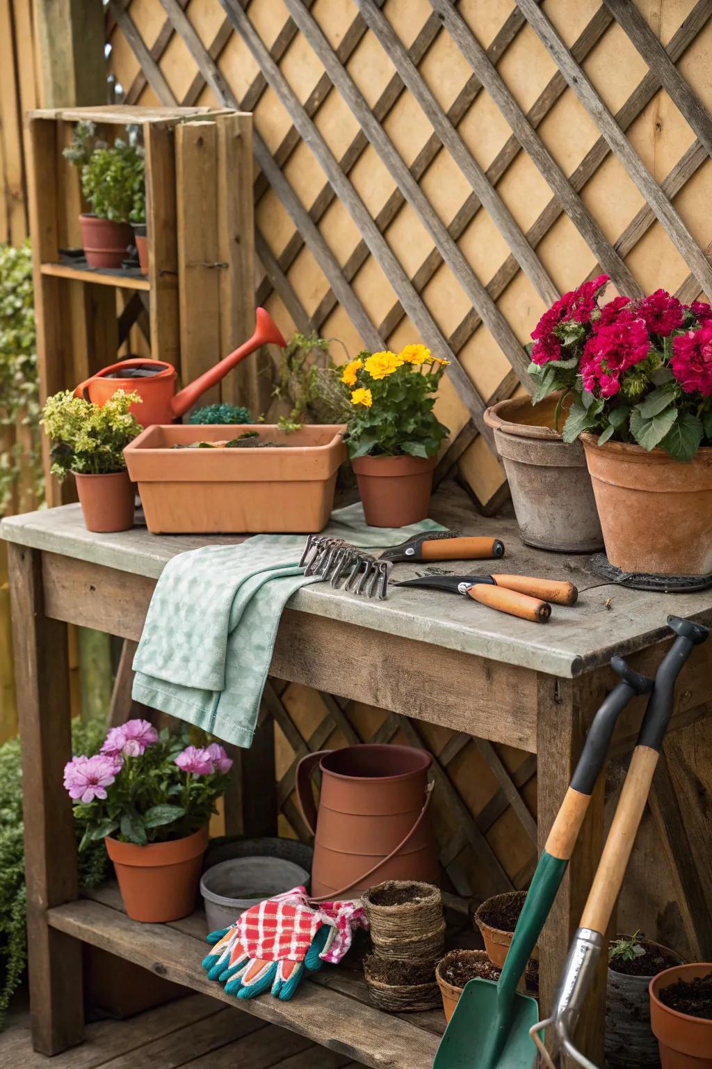 A charming potting bench with a lattice backdrop for a rustic garden feel.