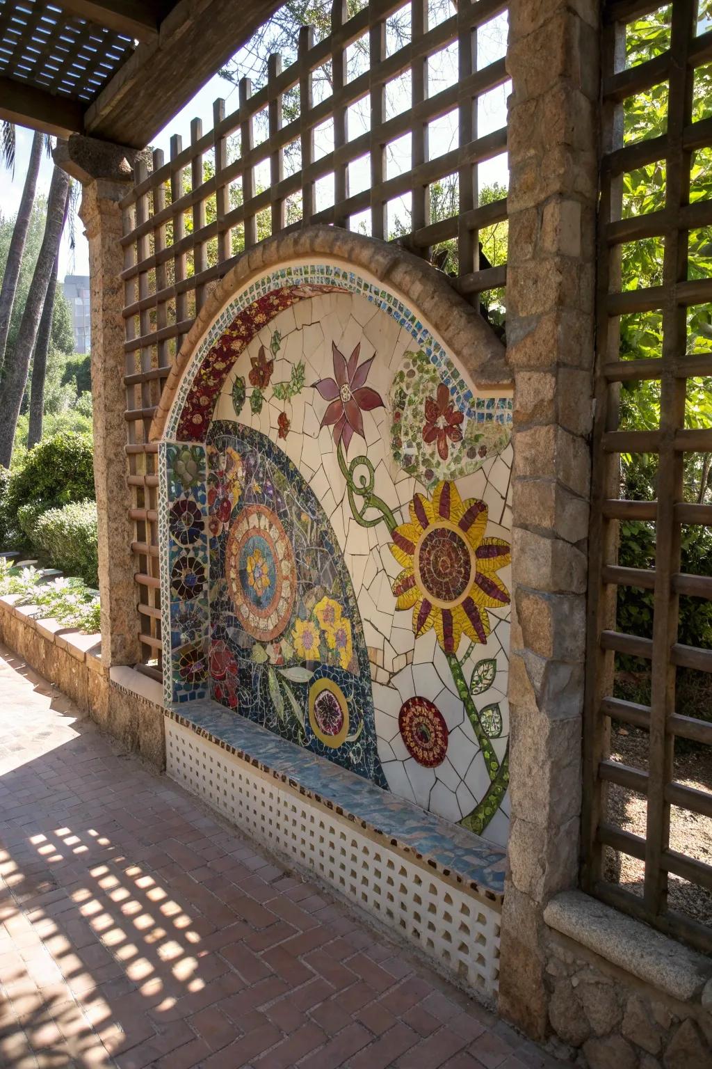 Mosaic art on lattice walls brings vibrant creativity to patios.