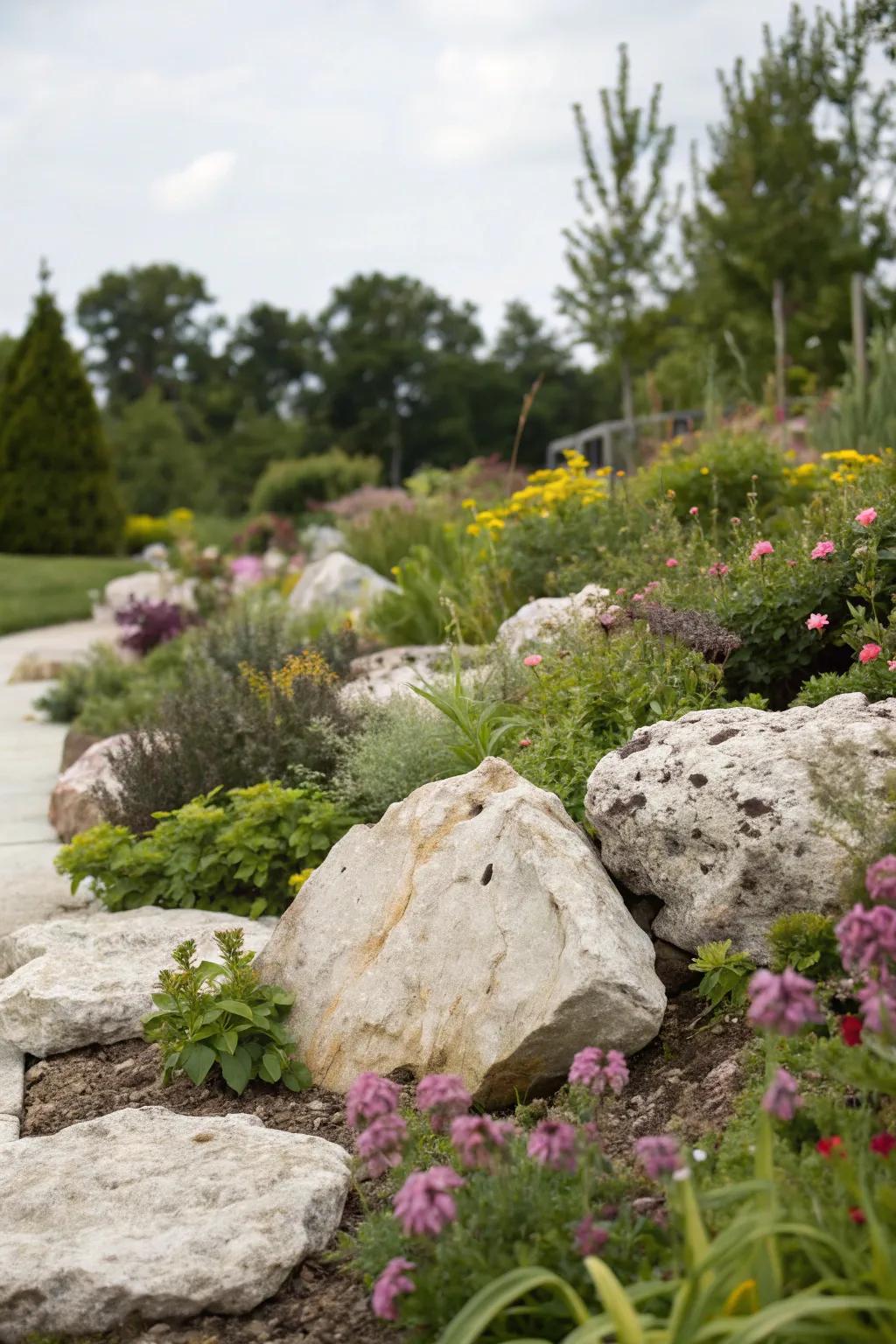 Limestone accent rocks add rugged charm to the garden.