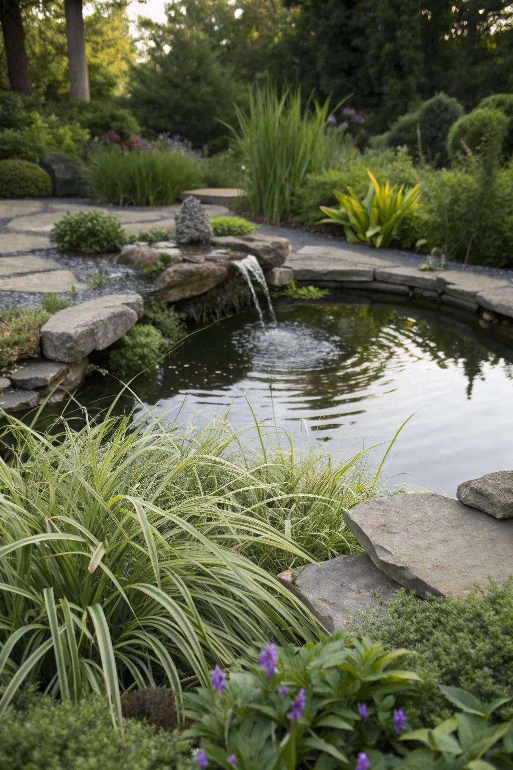 Liriope beautifully accentuating a garden water feature.