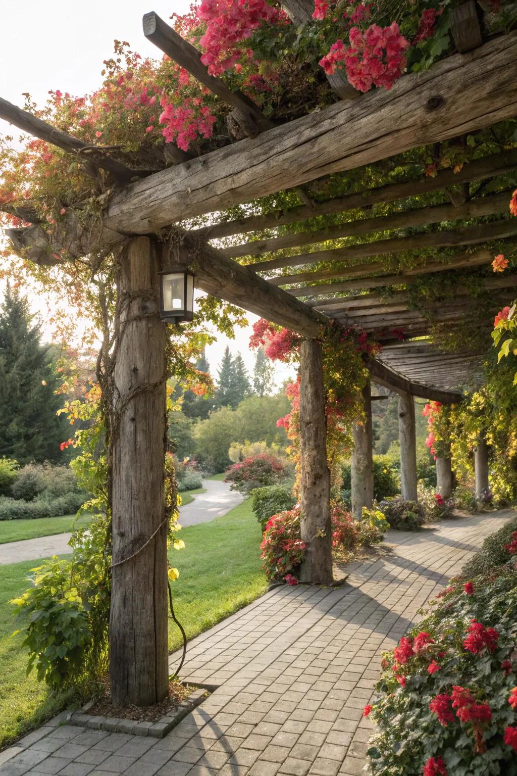 Seasonal decor adds charm to this log pergola.