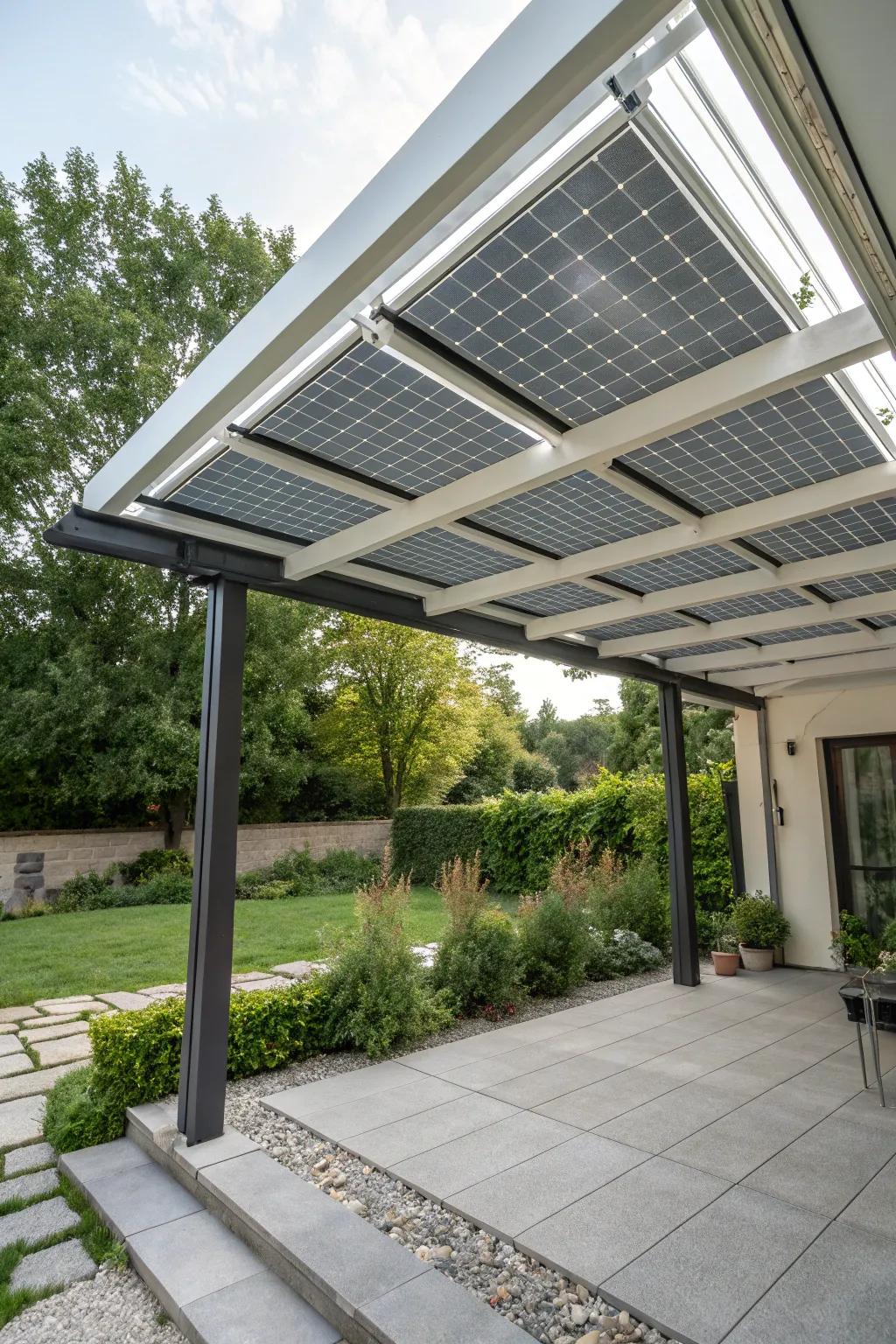A sustainable louvered cover with solar panels.