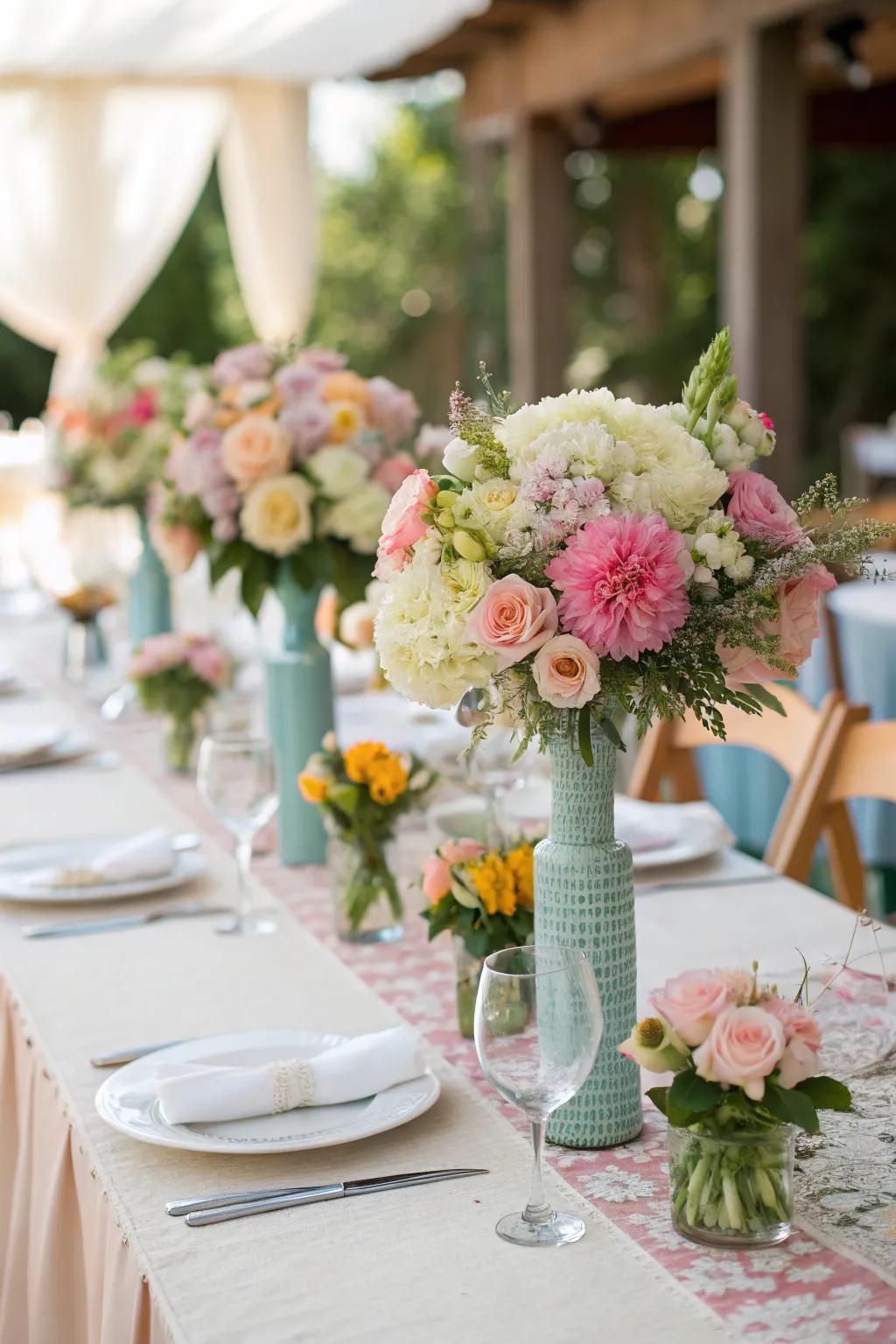 Get double duty from bridesmaid bouquets by using them as centerpieces.