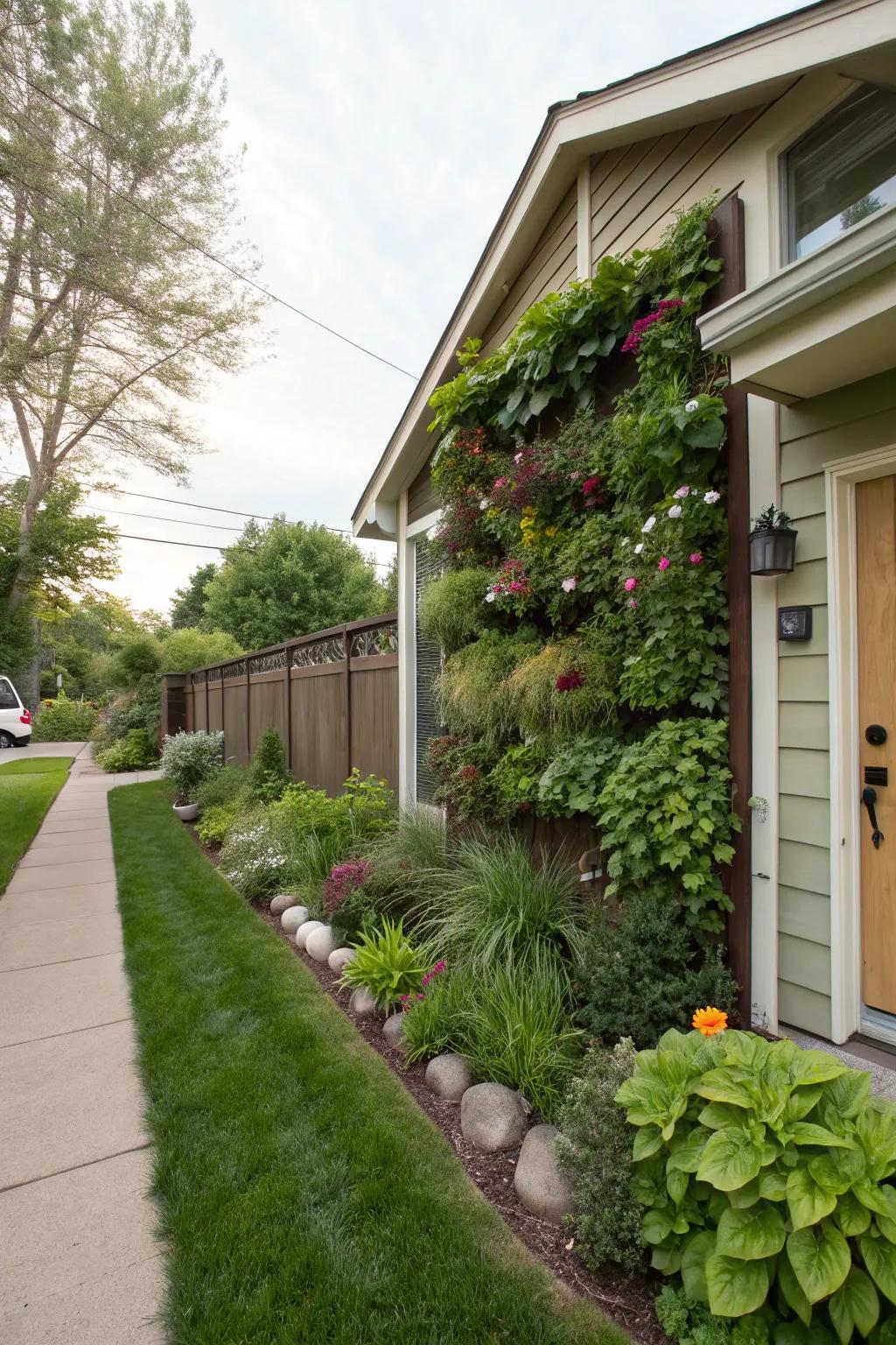A vertical garden making the most of wall space in a low-maintenance front yard.