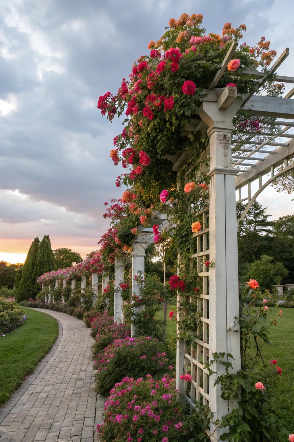 A trellis with climbing plants adding vertical charm to a side yard.
