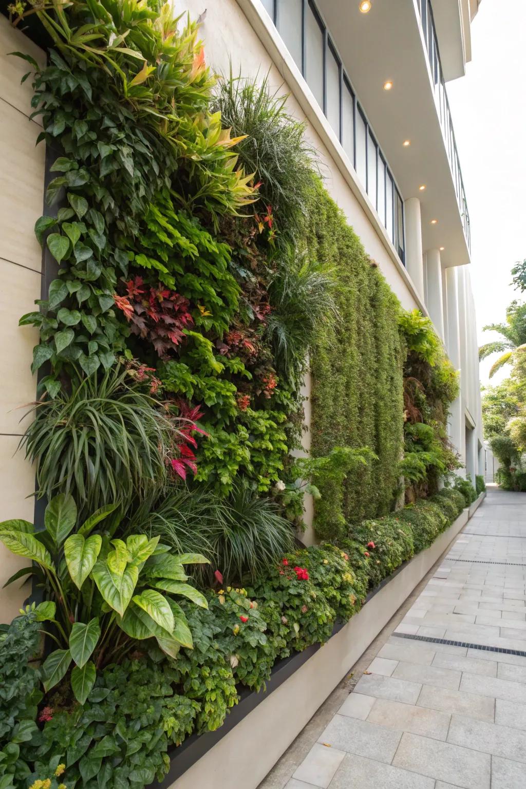 A vertical garden adds lush greenery without taking up ground space in a front yard.