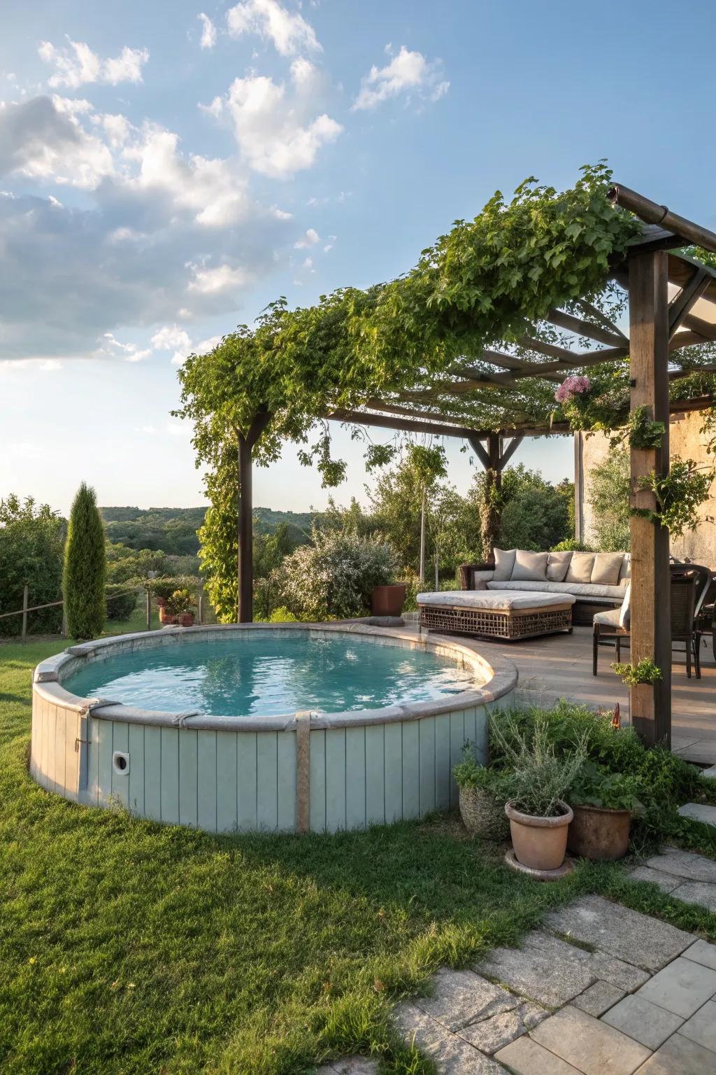 A pergola enhances the pool area with shade and a touch of elegance.