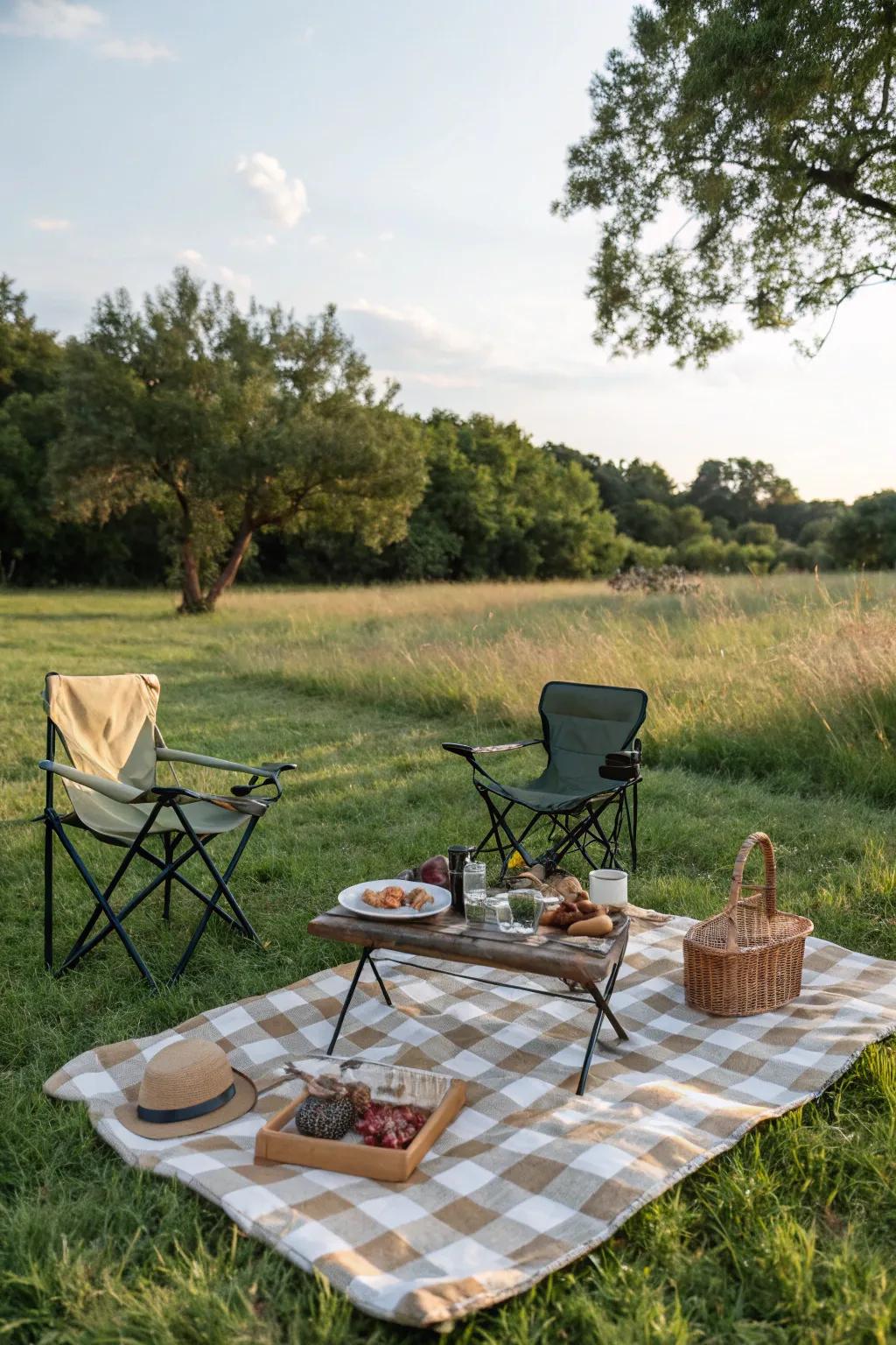 Portable folding furniture creating a comfortable dining area outdoors.