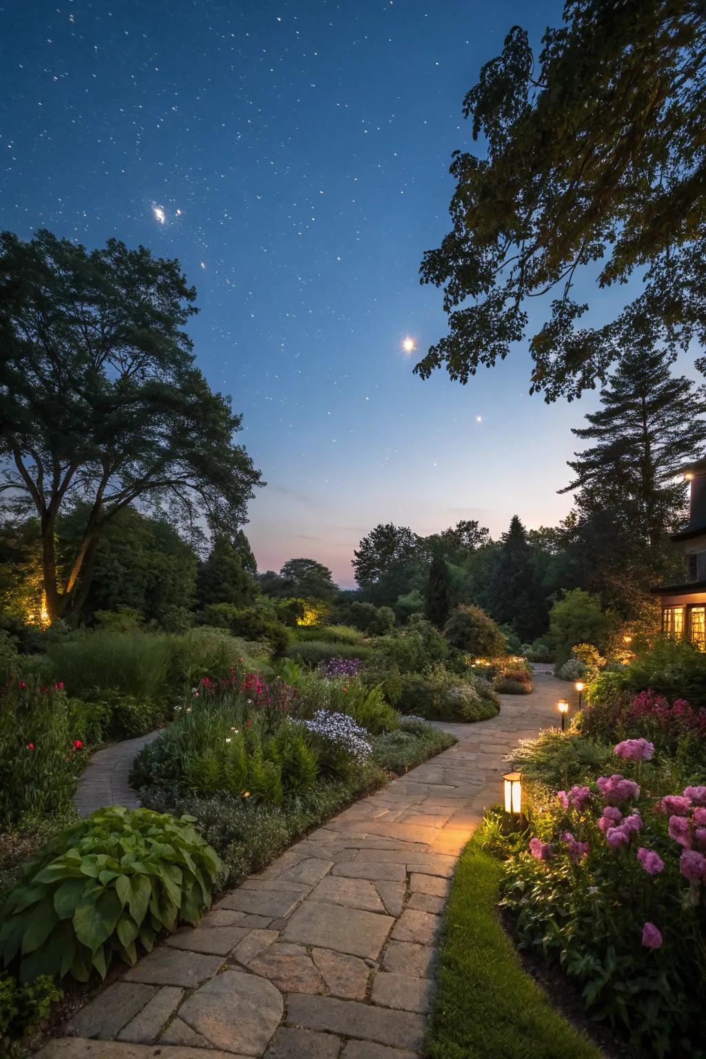 Subtle lighting enhancing the garden's evening ambiance.