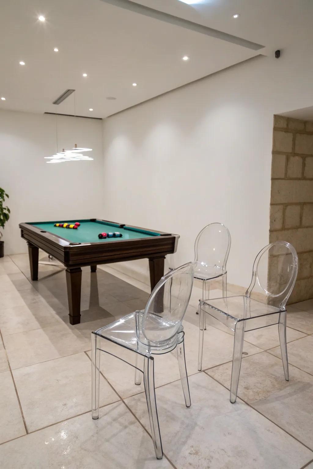 Transparent furniture helps maintain an open feel in compact spaces.