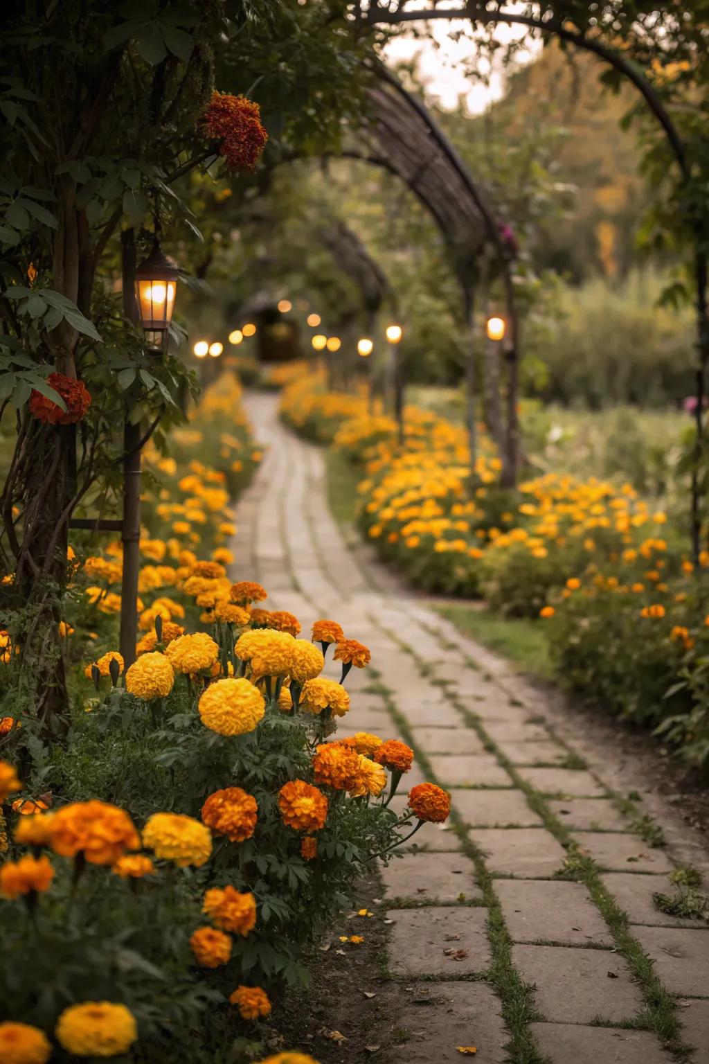 Whimsical pathways lined with enchanting marigolds.