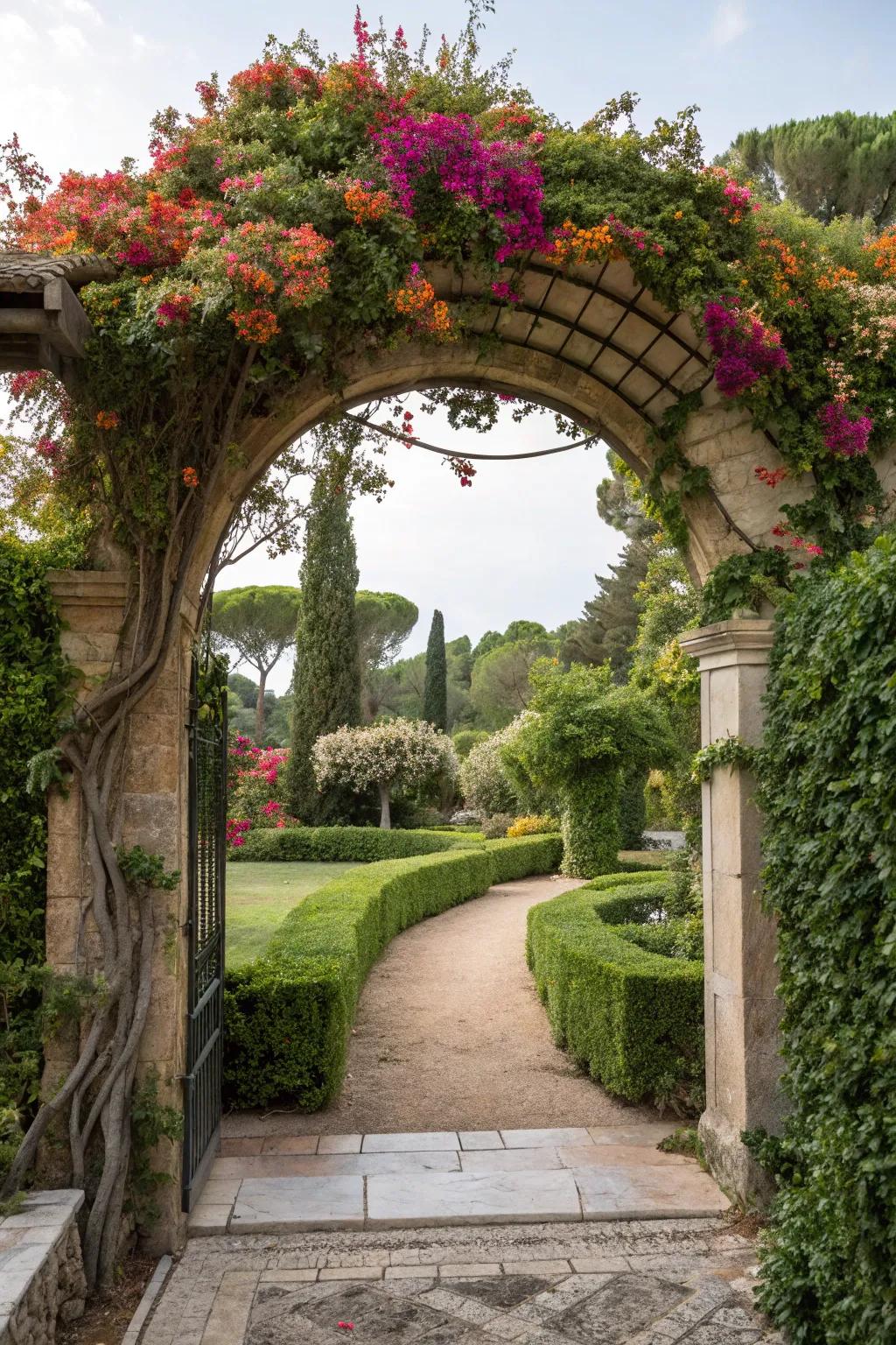 A decorative archway creates a picturesque garden entrance.