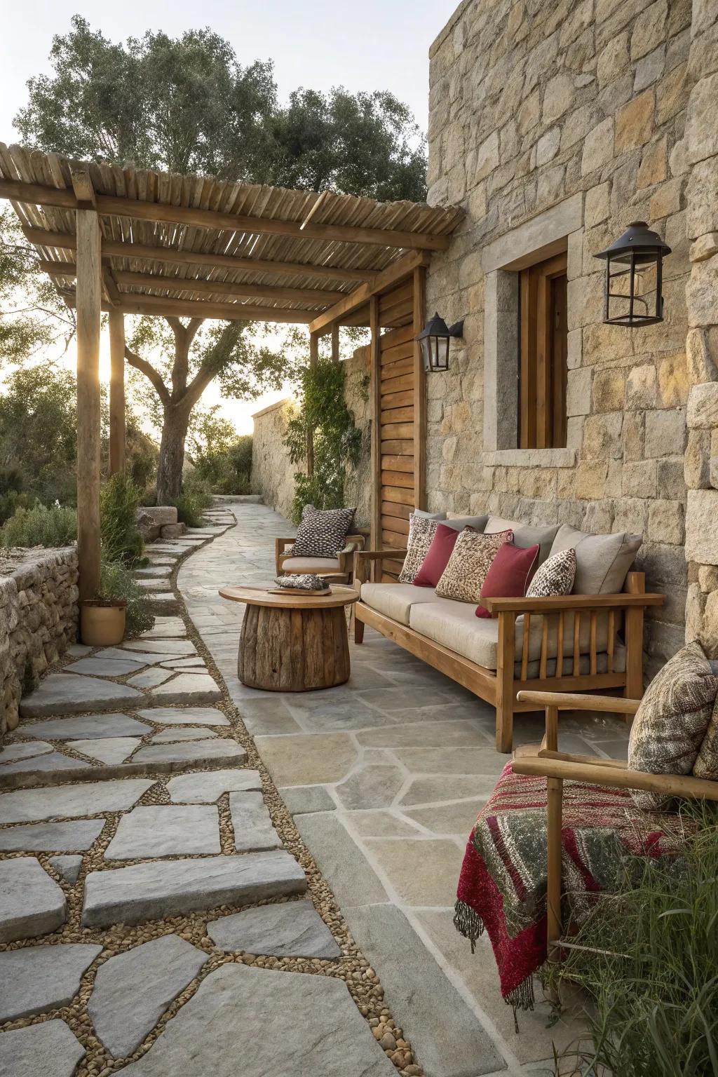 Layered textures add depth and interest to the patio.
