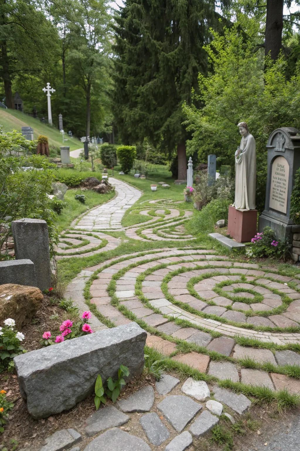 A labyrinth offers a meditative journey through the garden.