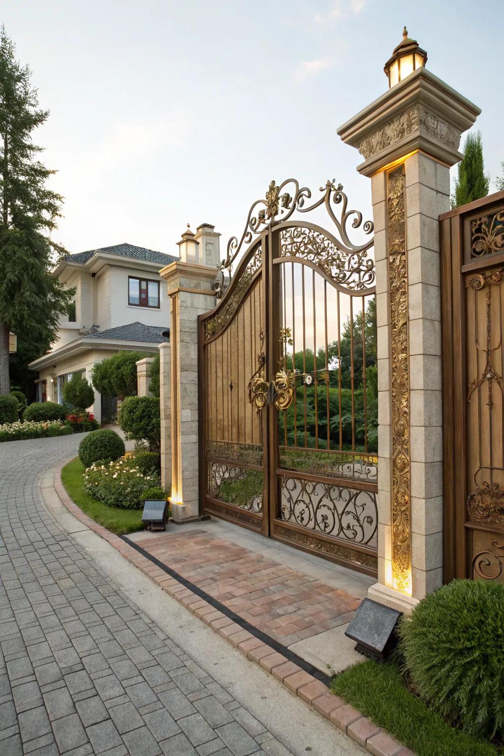 Brass accents add a luxurious touch to gate designs.