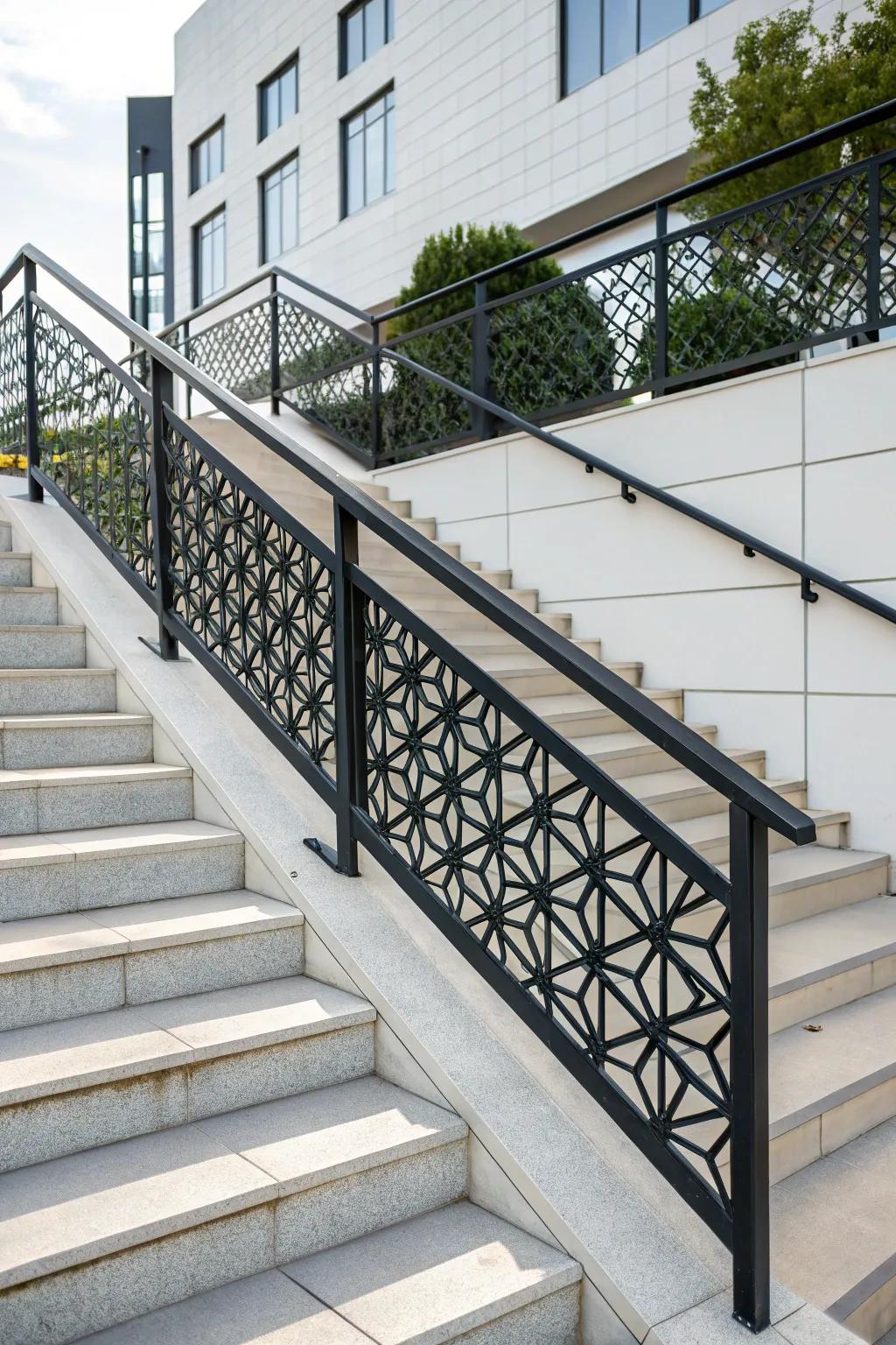 Geometric patterns in handrails create a striking modern aesthetic.