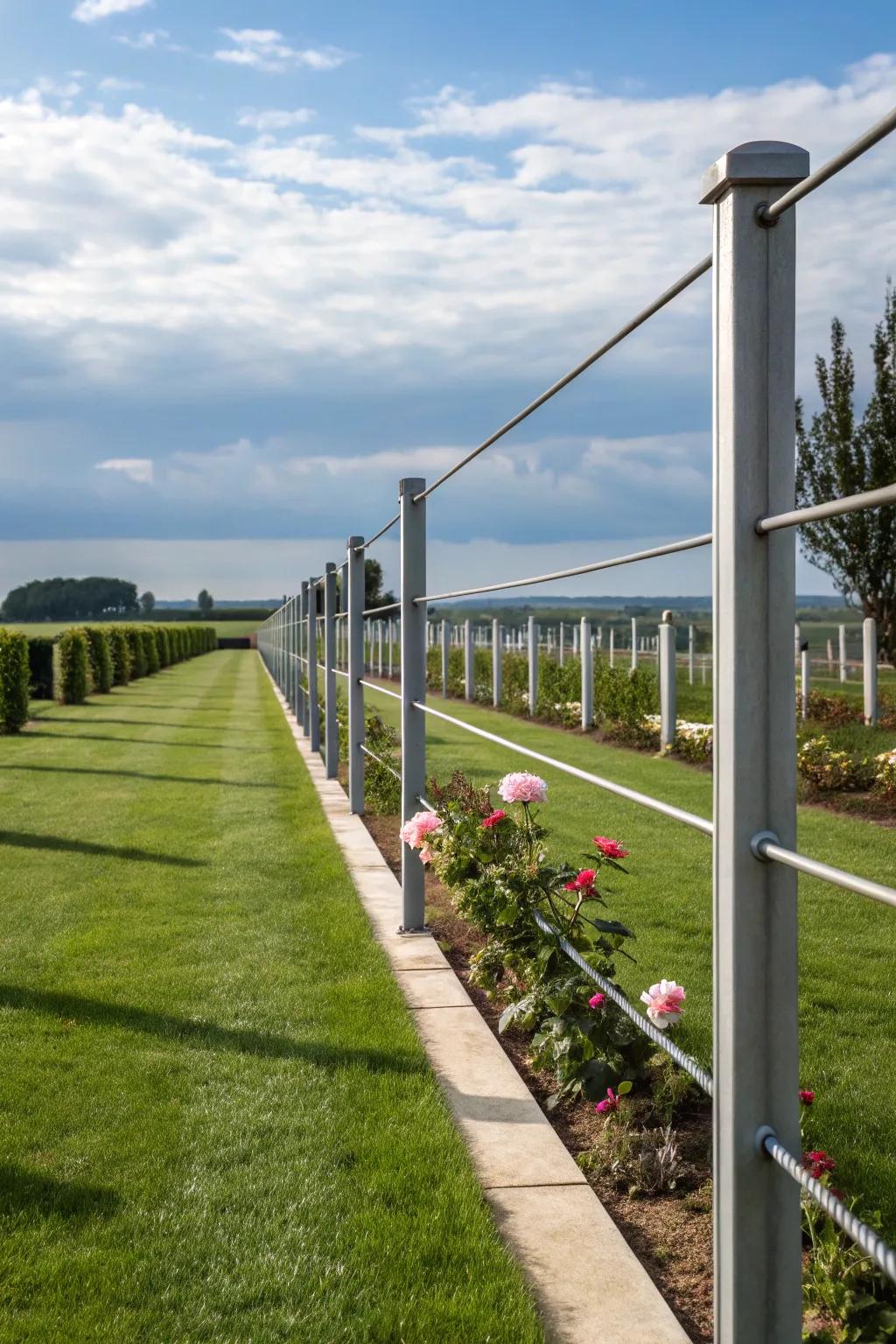Clean garden landscape with a minimalist metal fence and metal posts.
