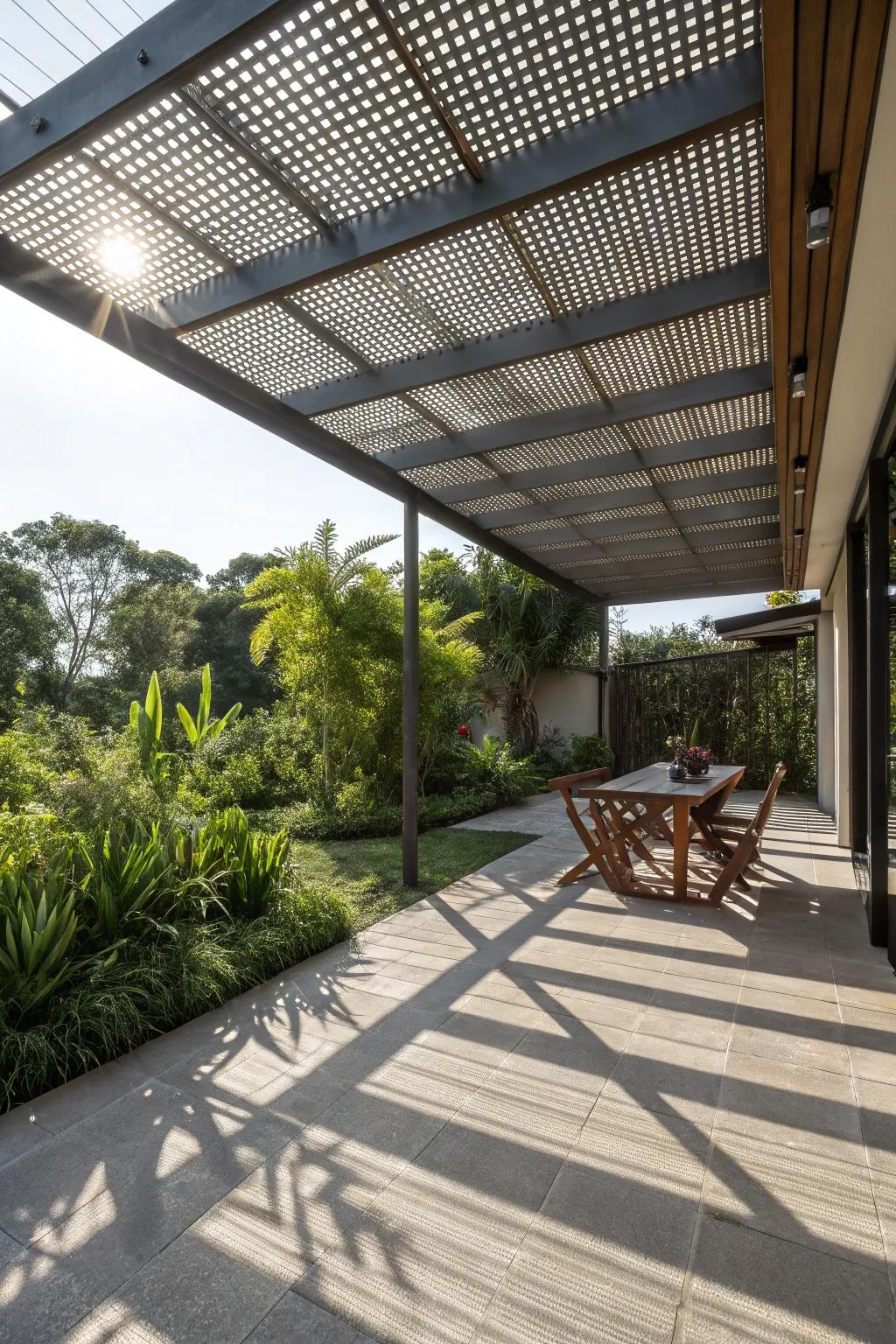 Perforated metal awning for playful light patterns.