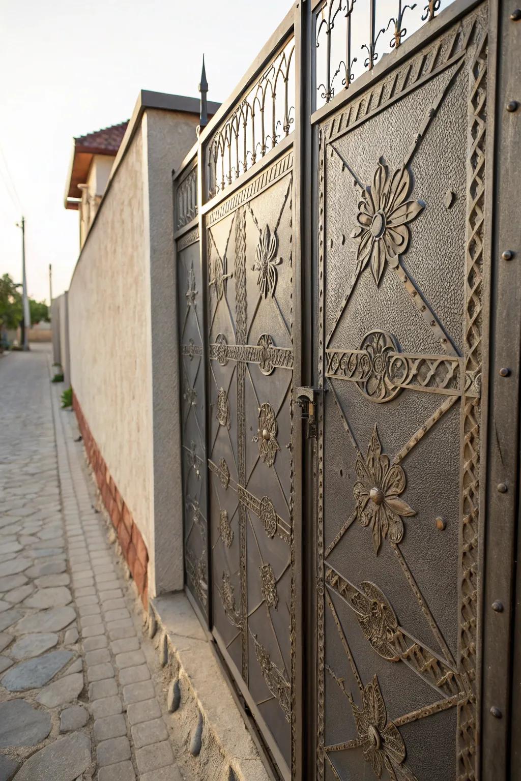Embossed textures bring depth to this metal gate