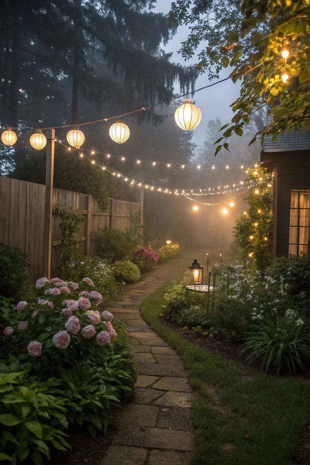 A garden aglow with string lights and lanterns, perfect for evenings.