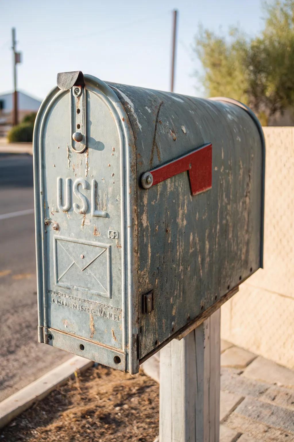 A weathered metal mailbox that exudes rustic charm.