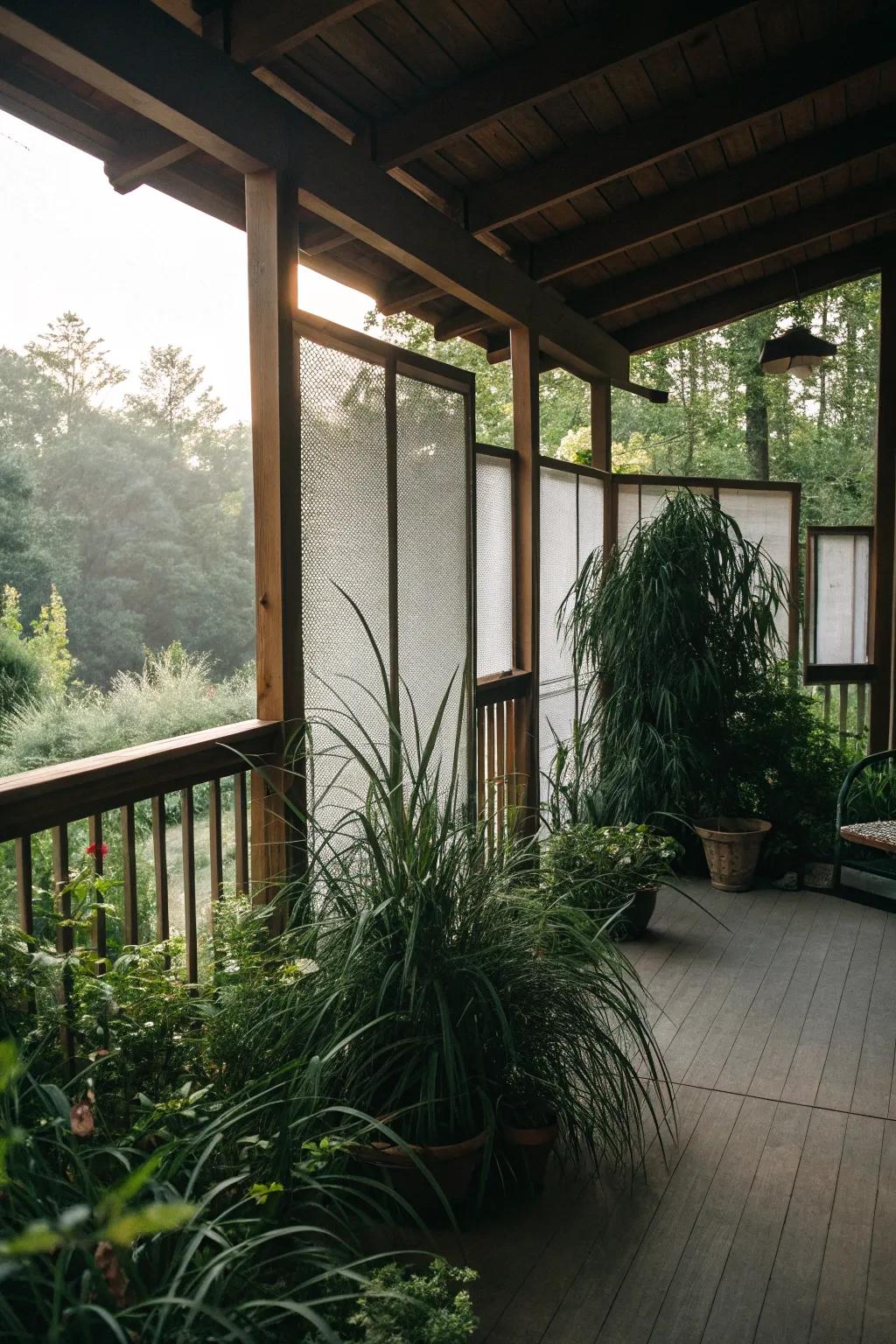 Privacy screens and plants creating a secluded porch oasis.