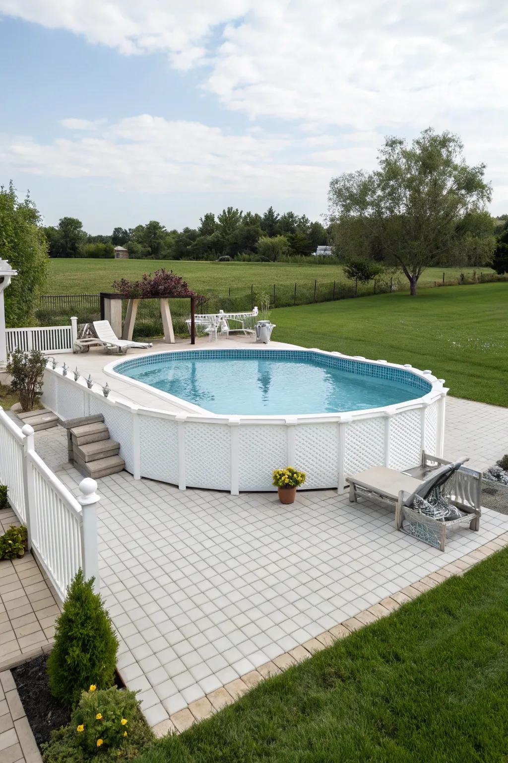 A white palette gives this above-ground pool area a fresh and airy vibe, making it feel more open.