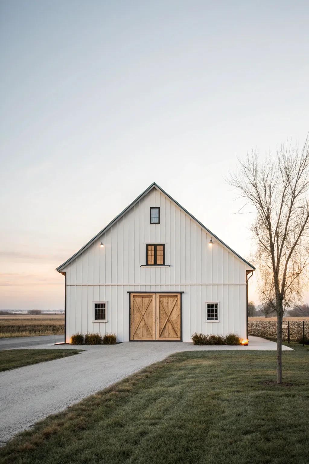 A minimalist facade highlights the barn house's structure and elegance.