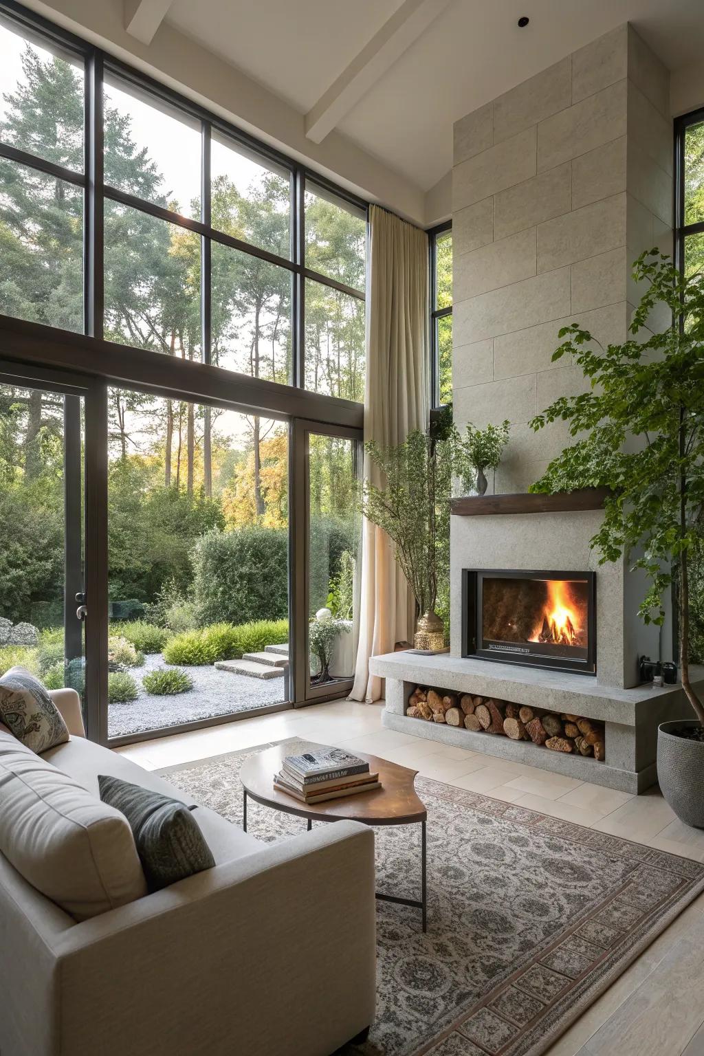 Modern fireplace with large windows for a natural connection.