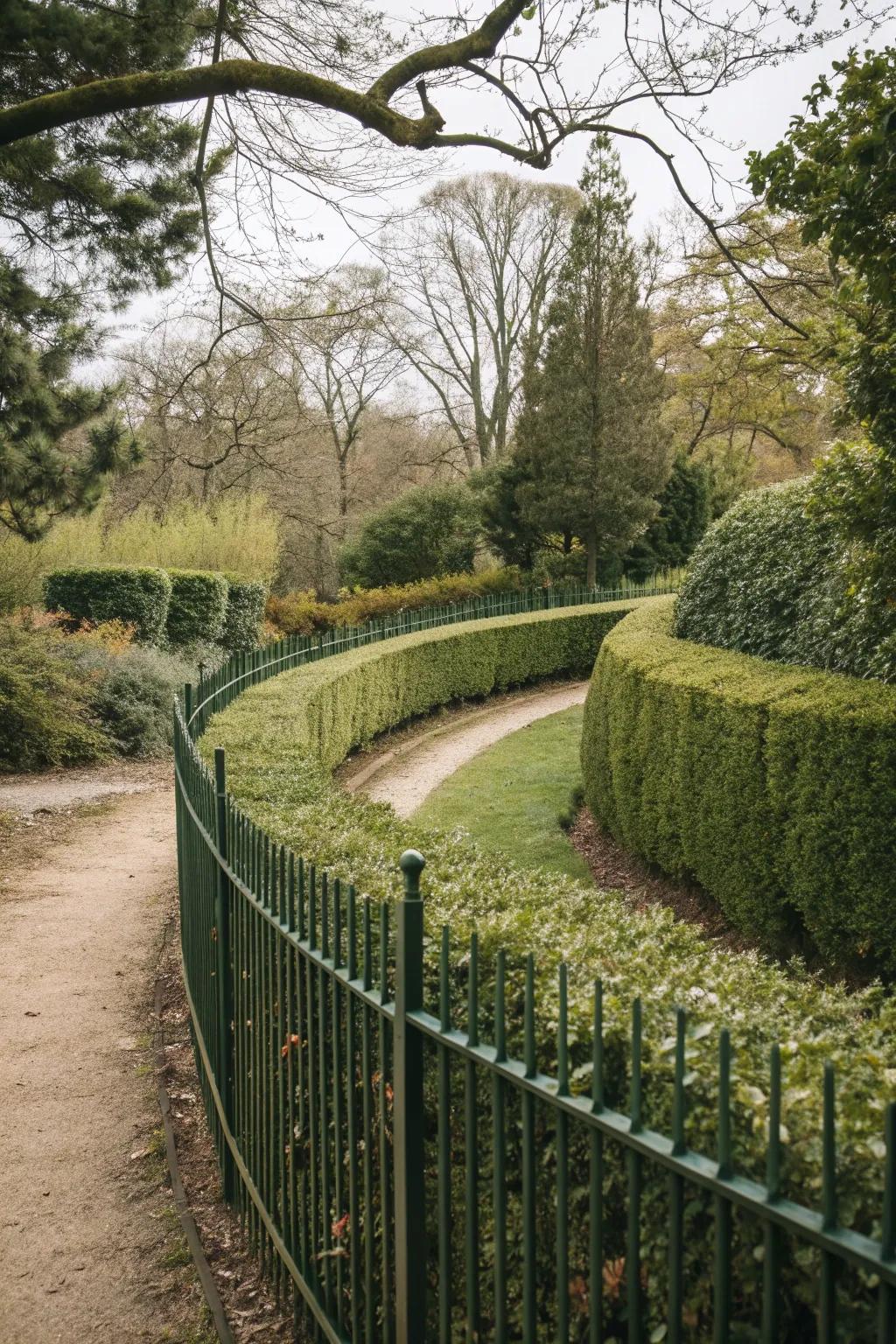 A curved fence paired with rolling hedges, forming a lush and natural garden border.