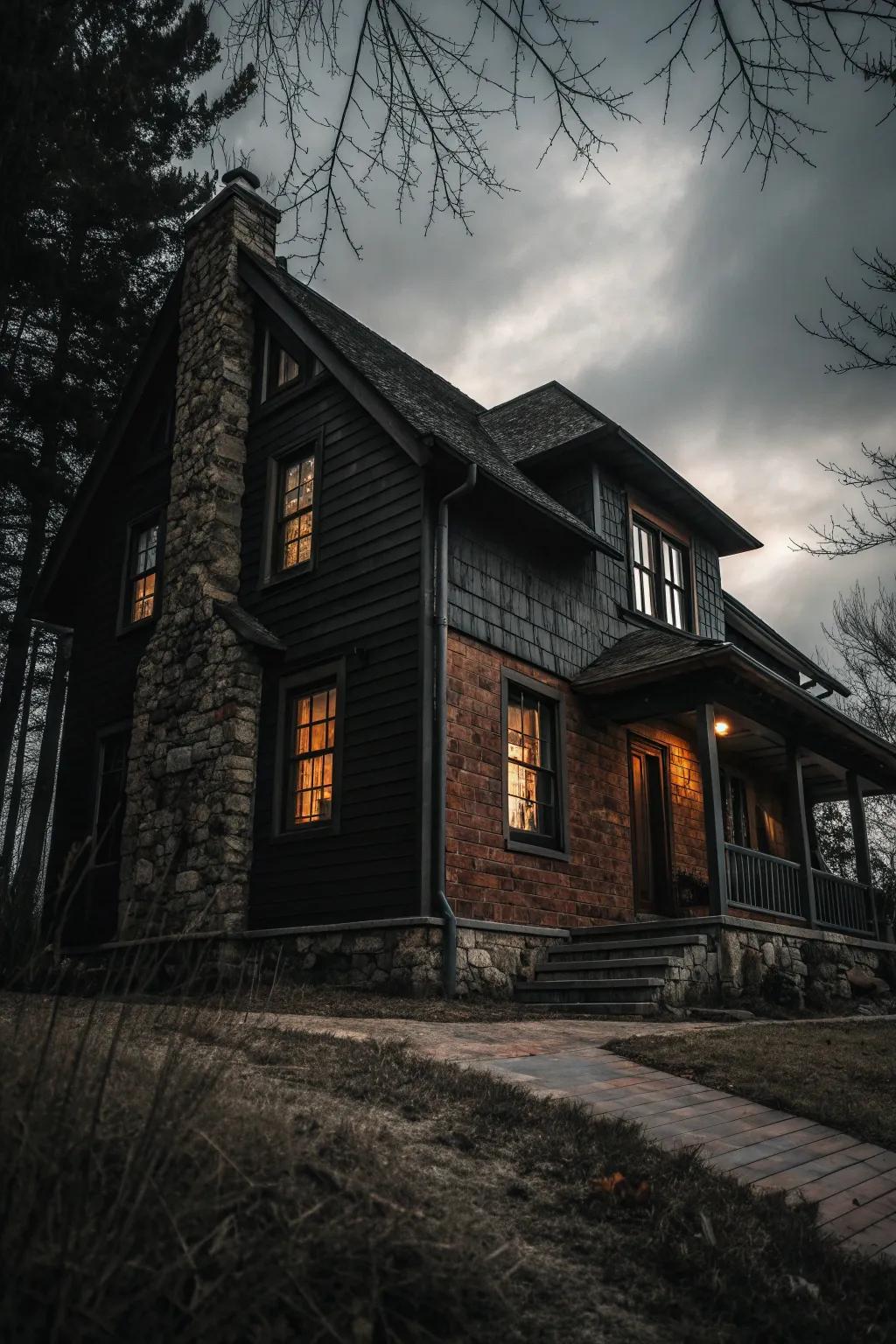 A dark exterior featuring a mix of smooth and rough textures.