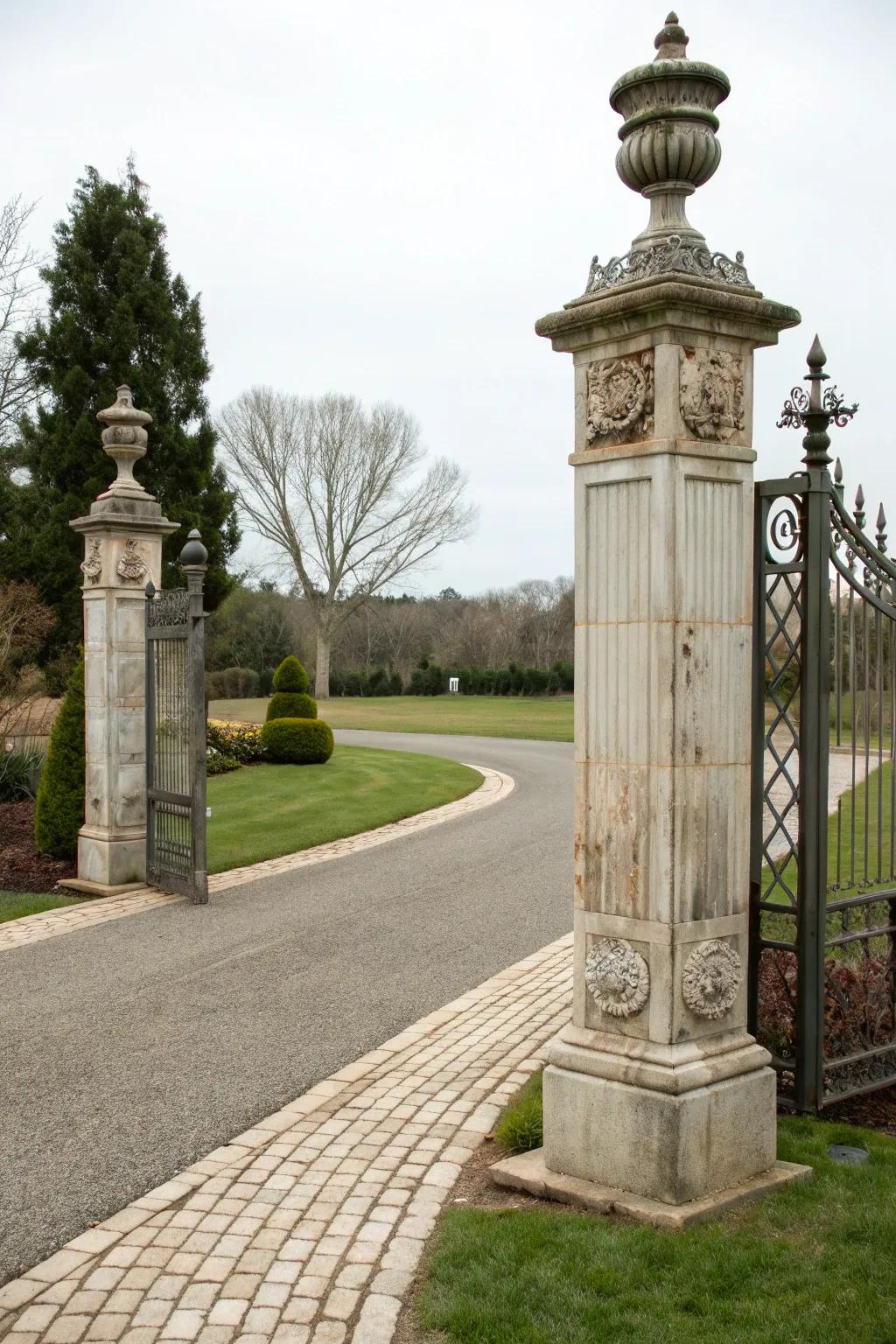 Vintage-inspired pillars add nostalgic charm.