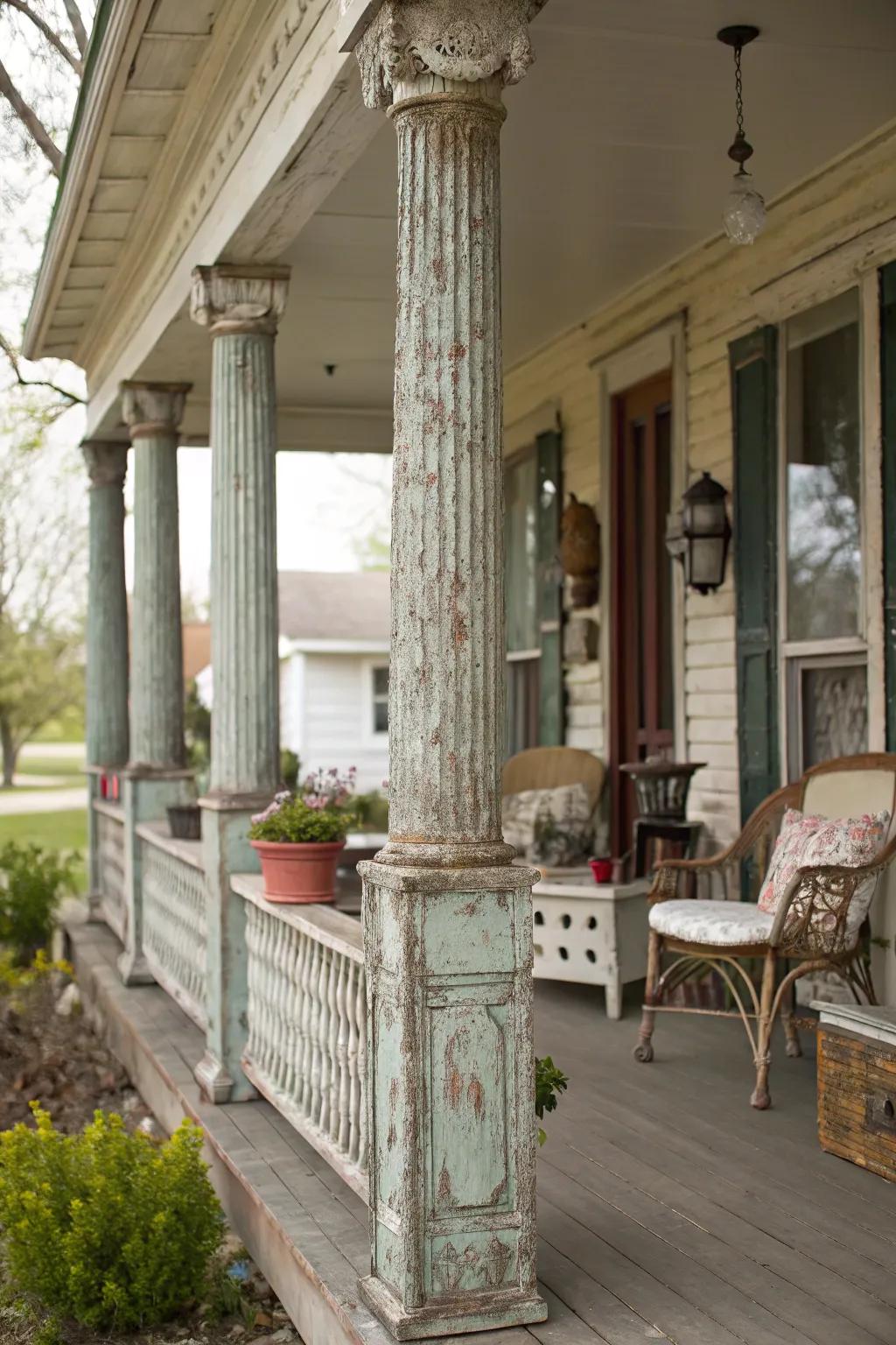 Weathered finish columns add character and nostalgia to a porch.