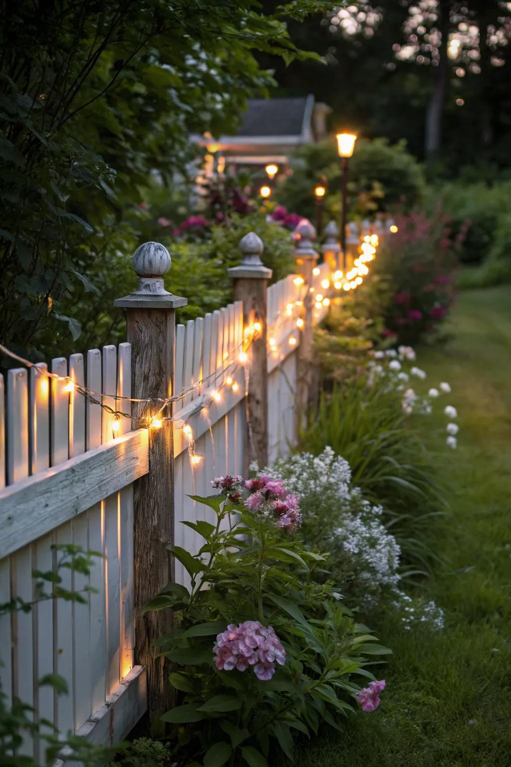 Waterproof lights cast a magical glow on a garden fence.