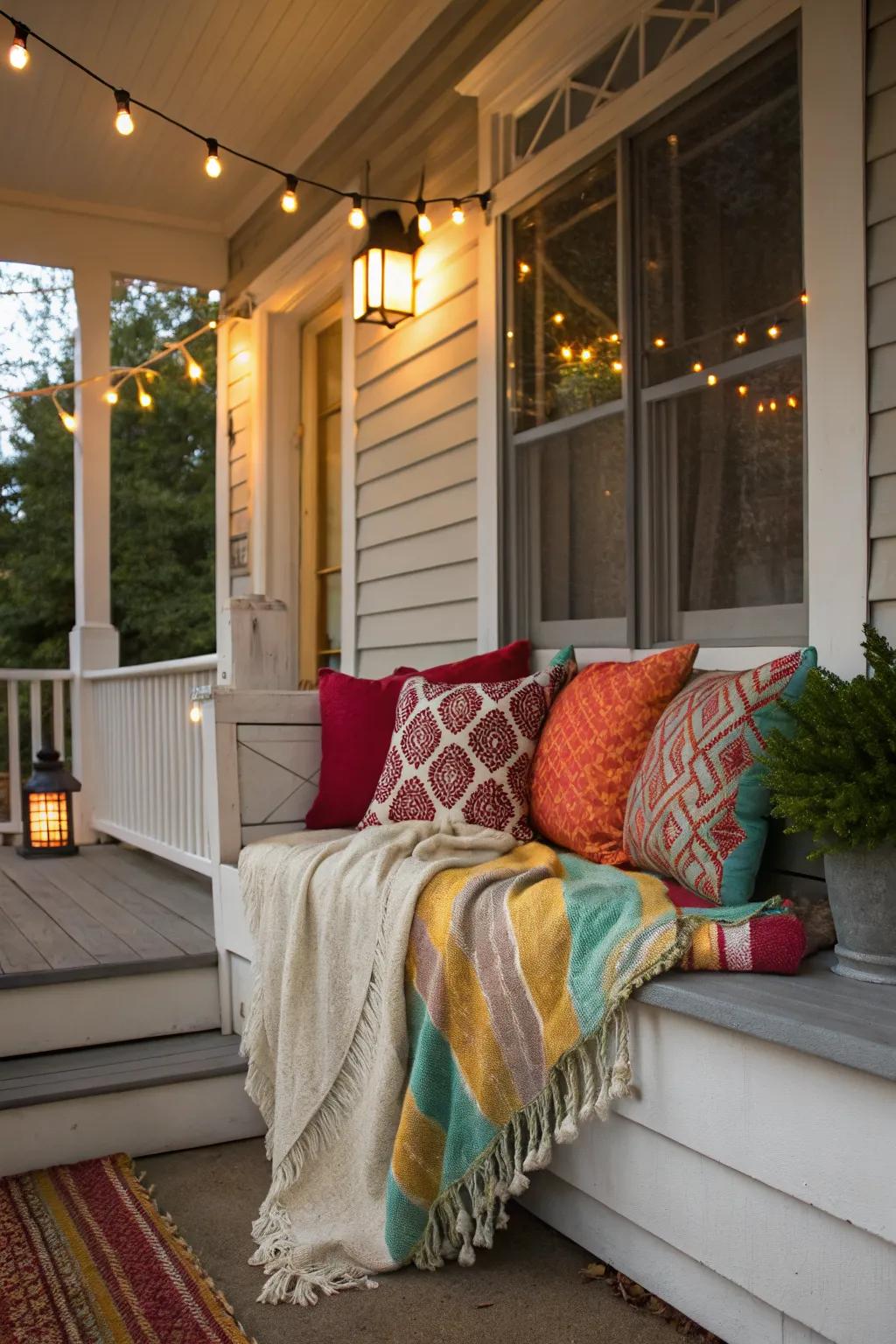 Textiles add comfort and a splash of color to this small porch.