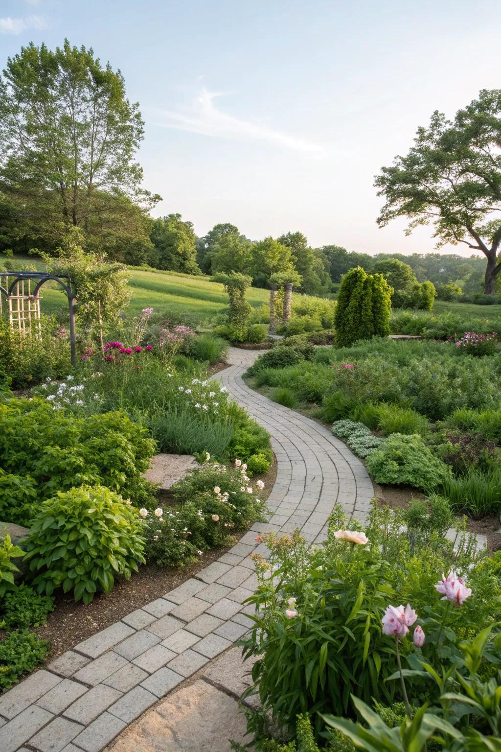 A garden where paving seamlessly complements the natural landscape.