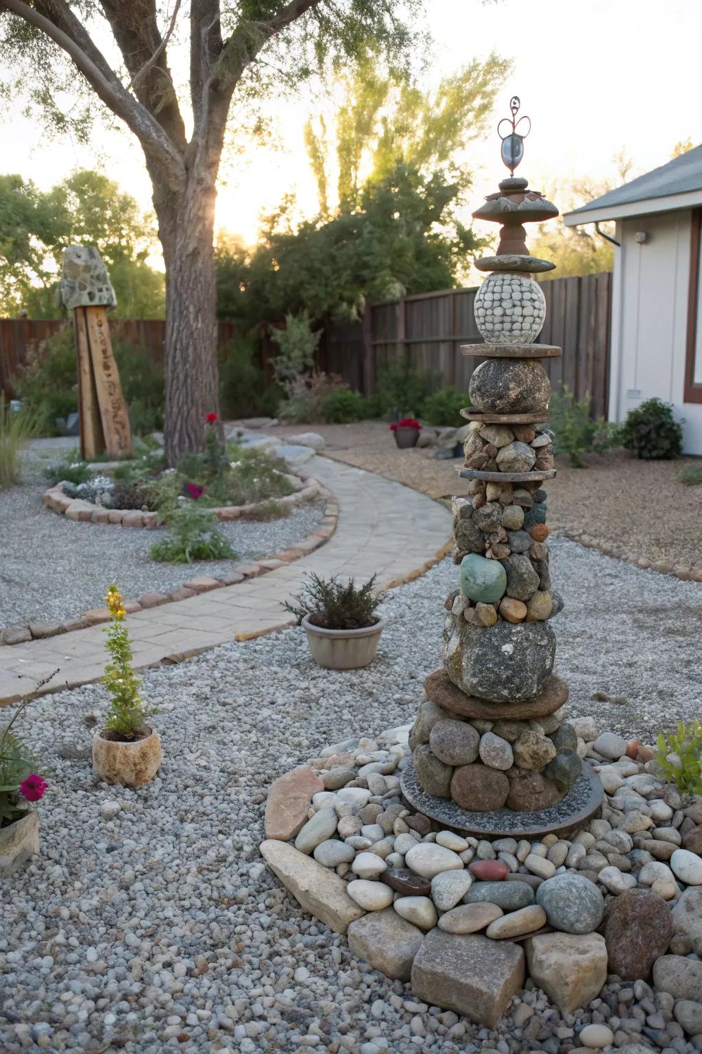 A personal touch with DIY garden art in a gravel garden.