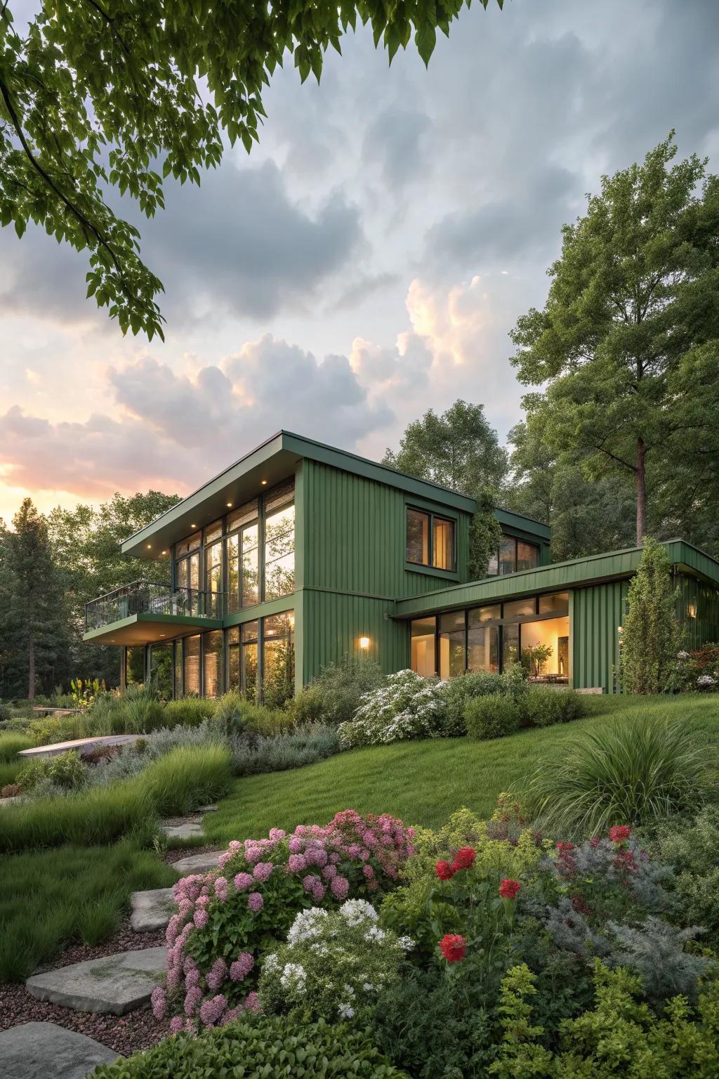 A modern house with a nature-inspired green exterior blending with its garden.