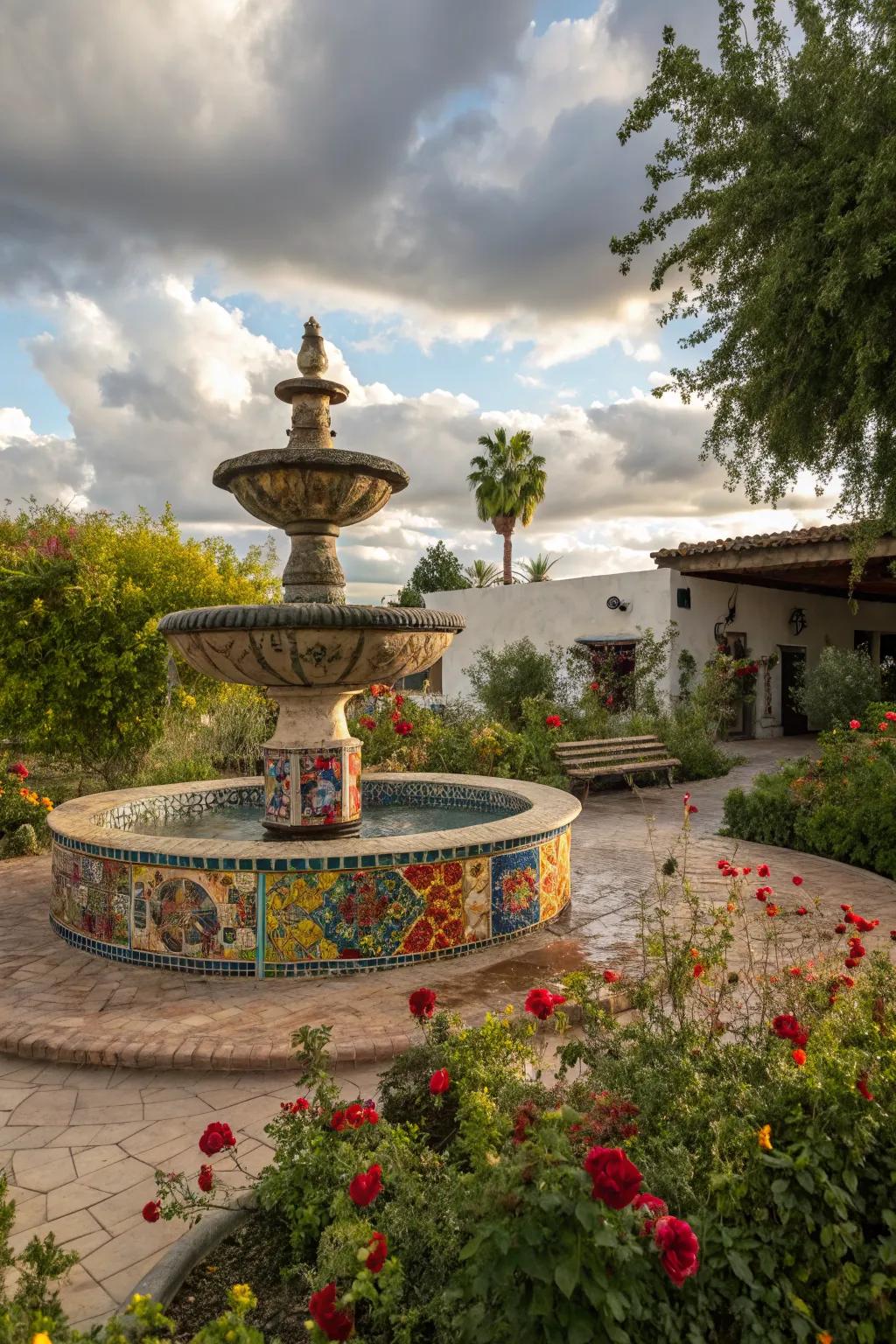 Express creativity with a mosaic-decorated fountain.