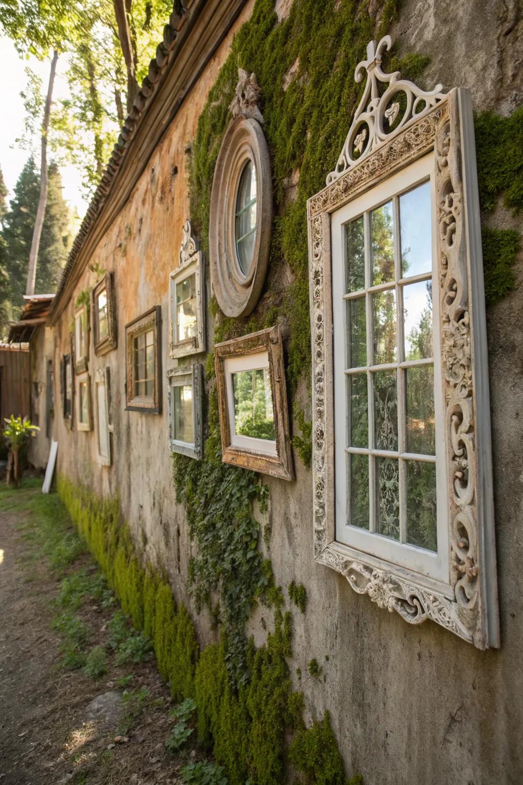 Vintage window frames add charm and nostalgia to outdoor walls.