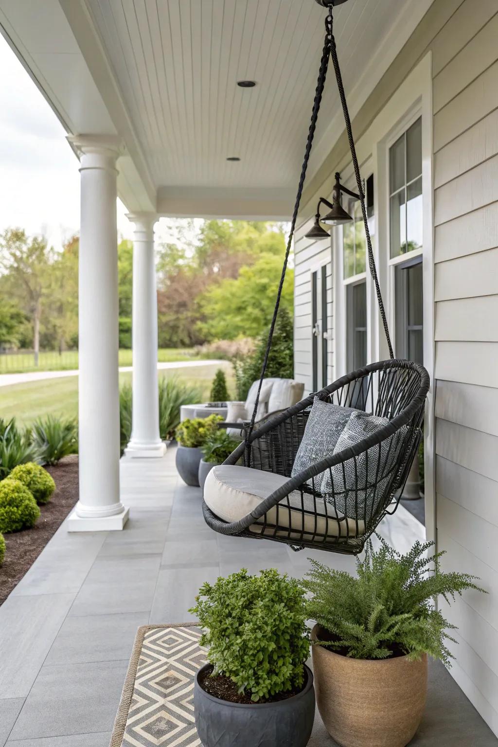 A modern porch featuring a stylish swing chair.