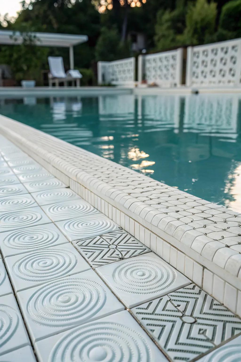 A striking pool design featuring 3D white tile patterns.