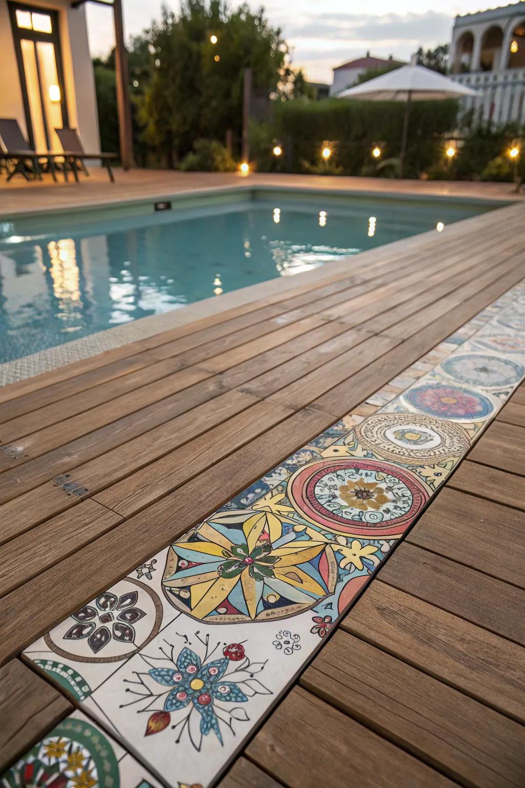 A pool deck featuring beautiful mosaic tile accents.