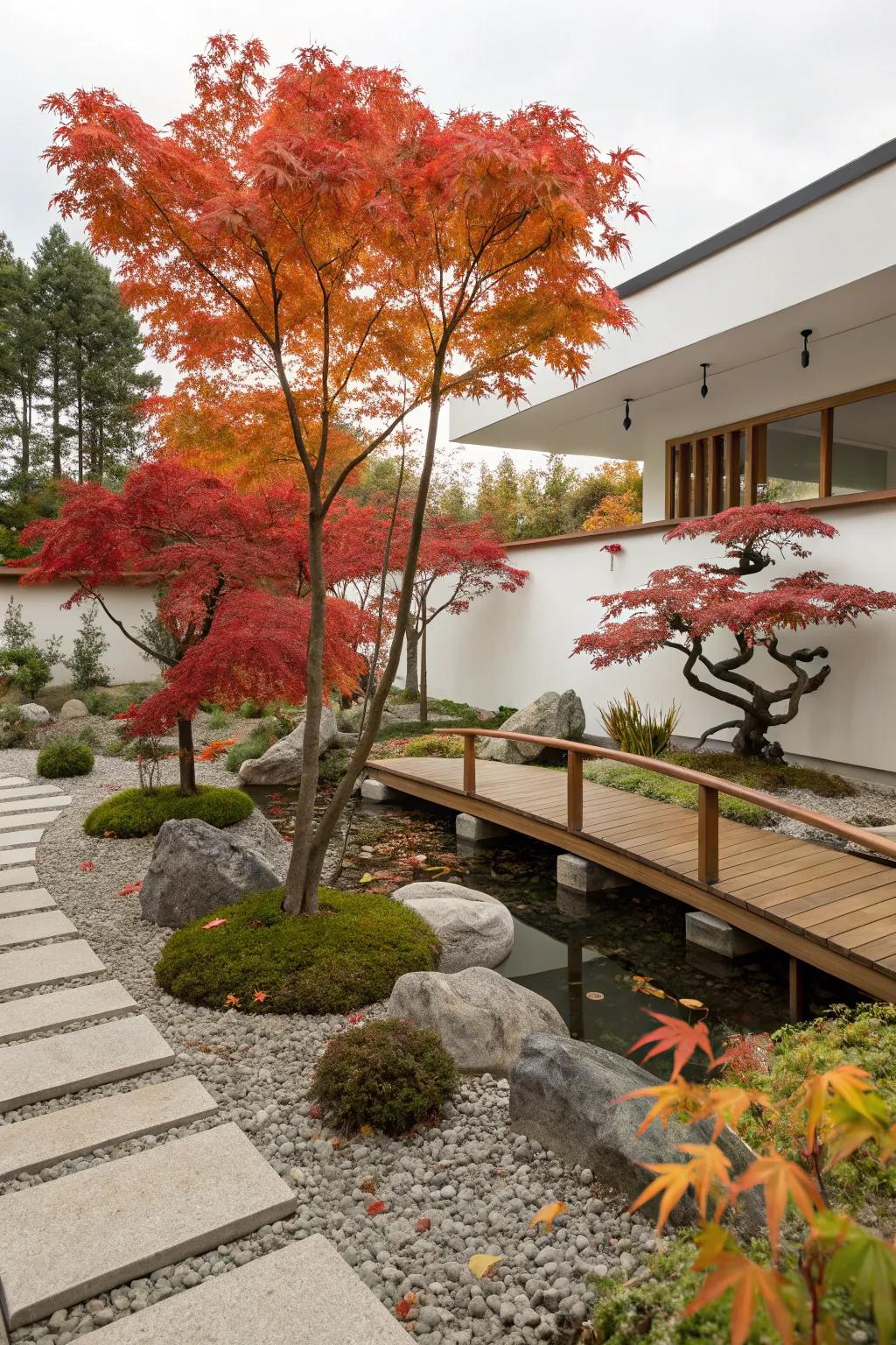 Japanese maples add color and elegance to a Zen garden.