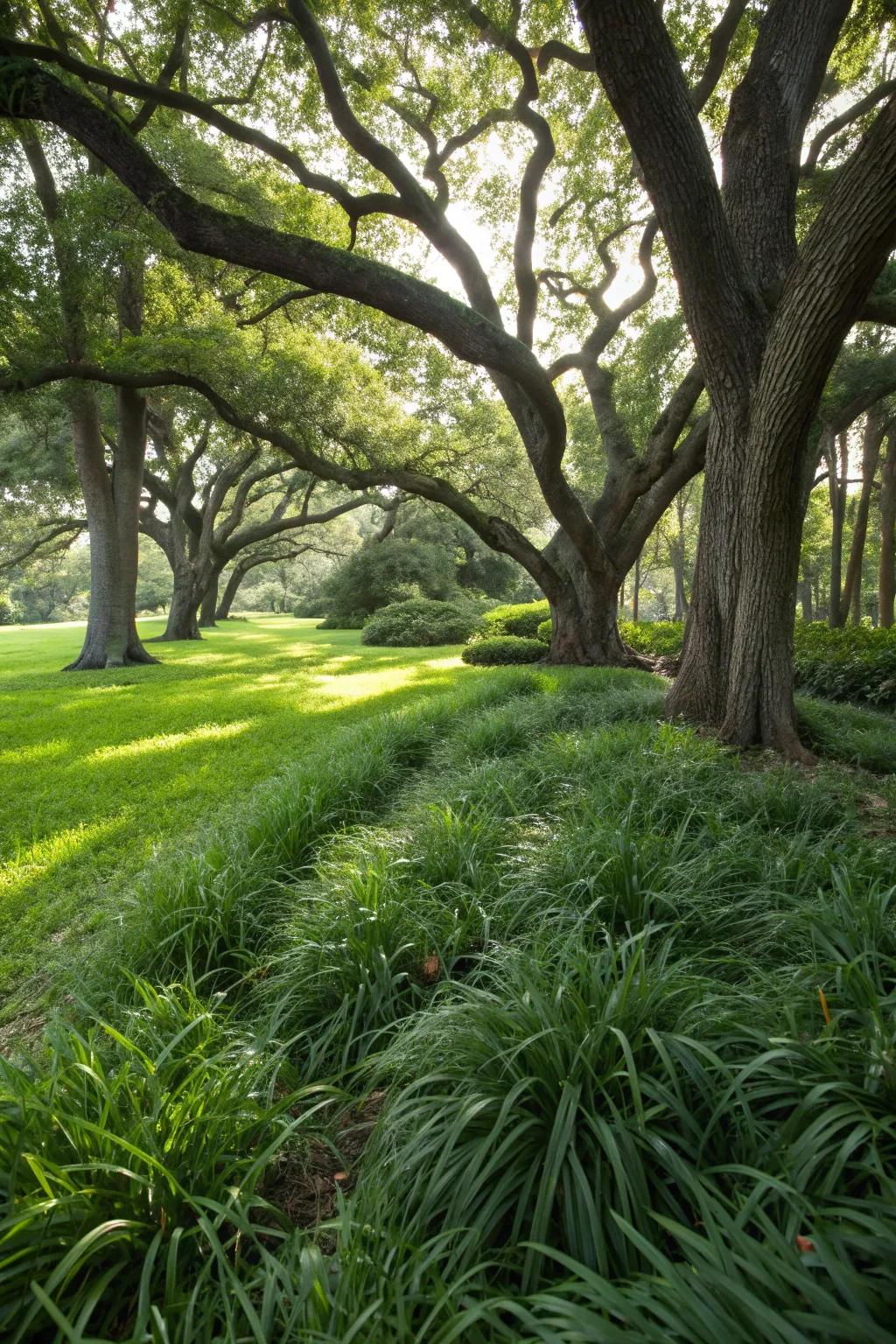 Mondo grass transforms a shaded area into a lush garden retreat.