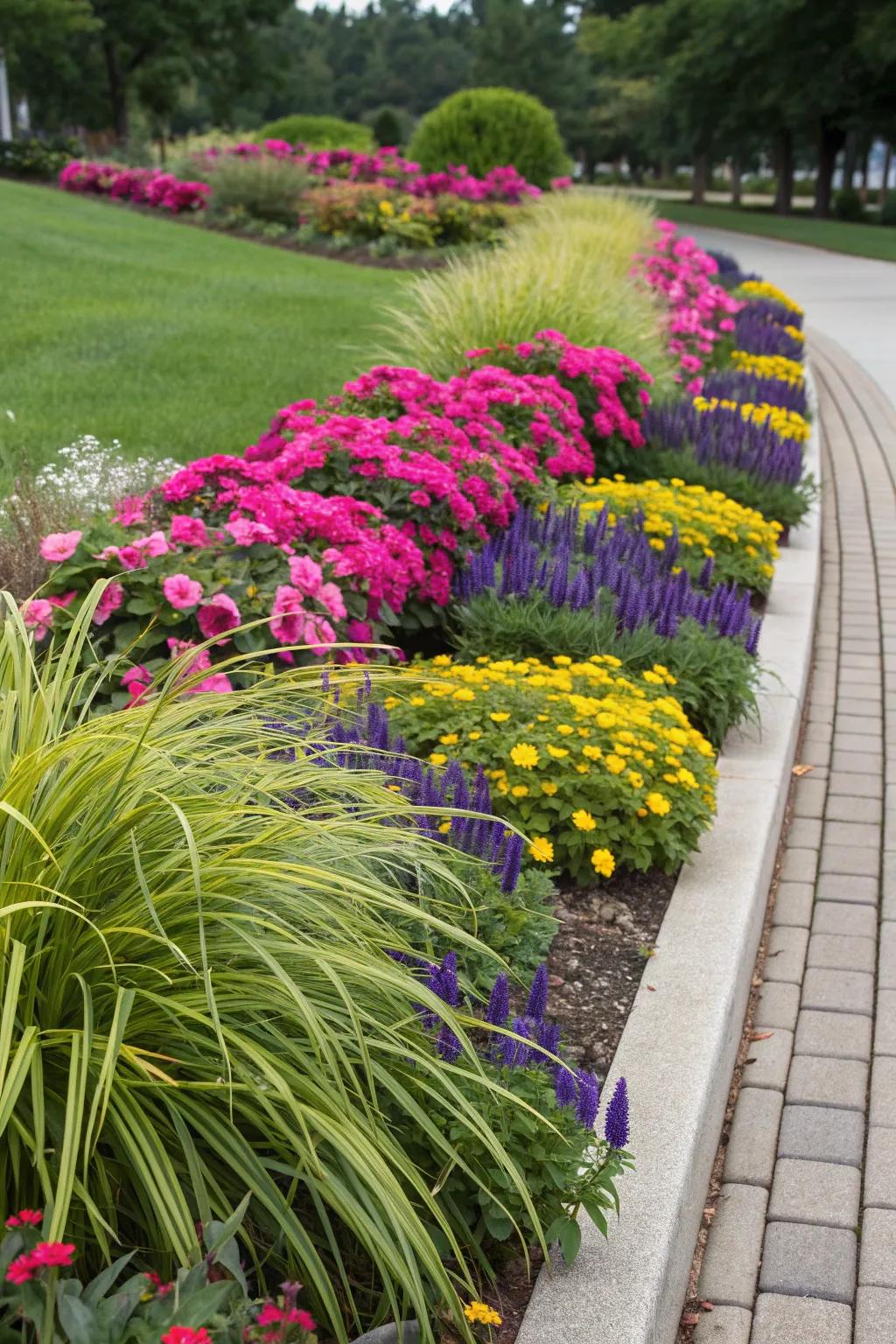 Enhance color contrast in garden beds with monkey grass.