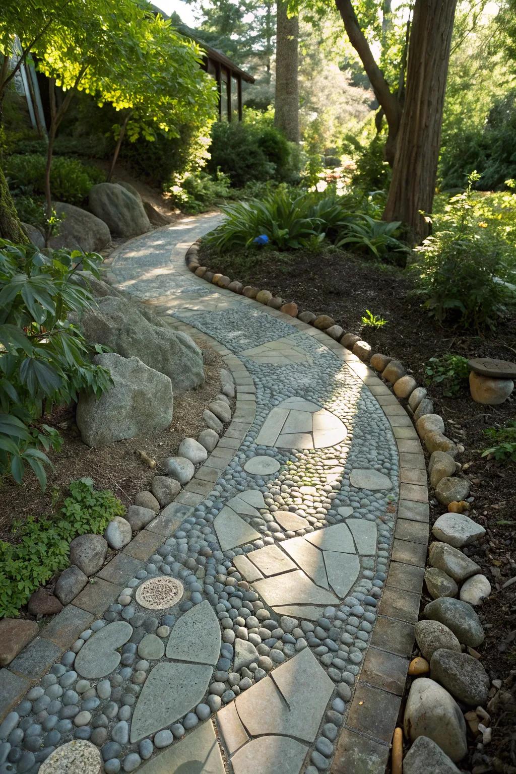 A textured mosaic pathway combining smooth and rough elements, offering a tactile delight.