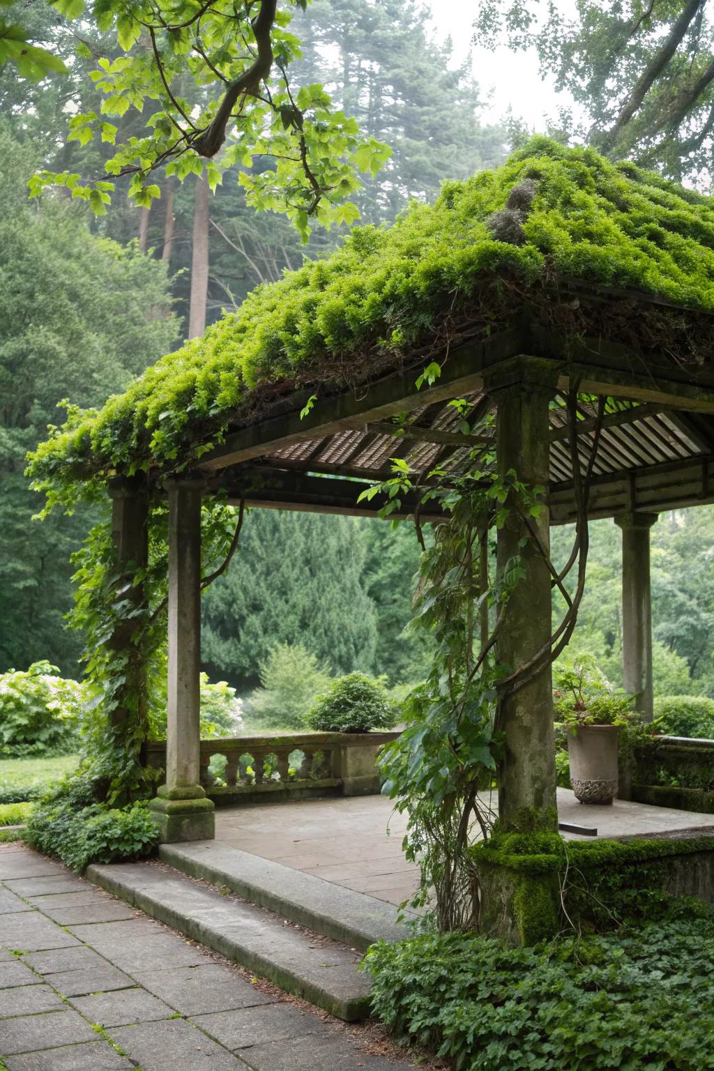 A pergola with a roof elegantly draped in lush green moss, offering a serene garden retreat.