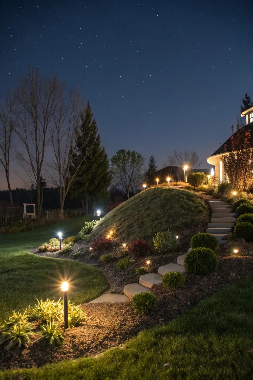 Solar lights add a magical ambiance to nighttime landscapes.
