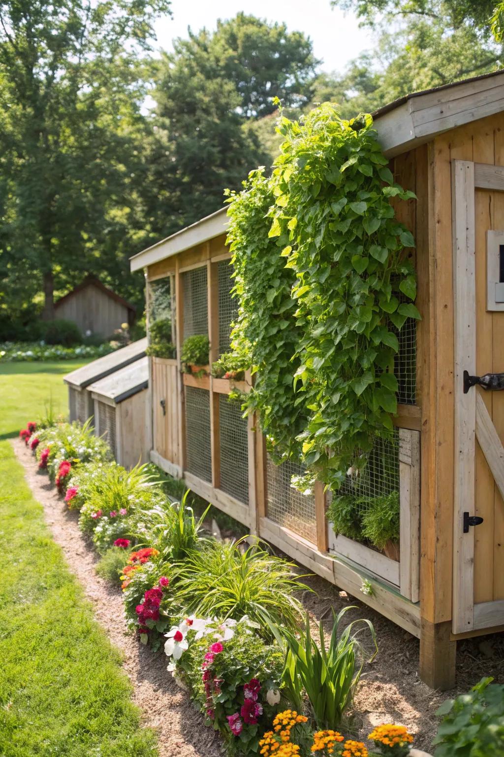 Vertical gardening on a coop adds greenery and maximizes space.